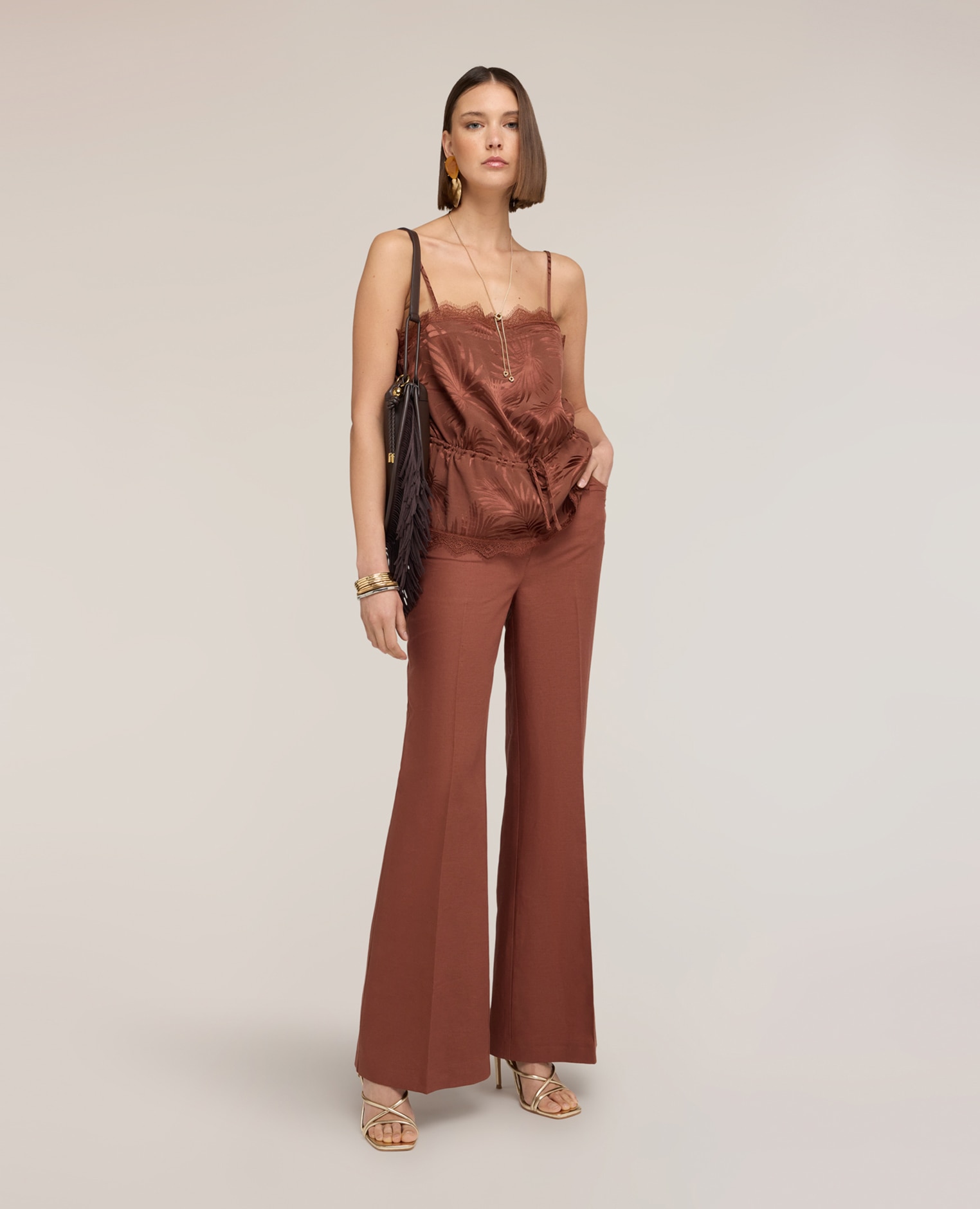 Top de mujer de raso jacquard con encaje ribetes de encaje tono sobre tono cordón ajustable en la cintura - Motivi - Marrón Marrón-3