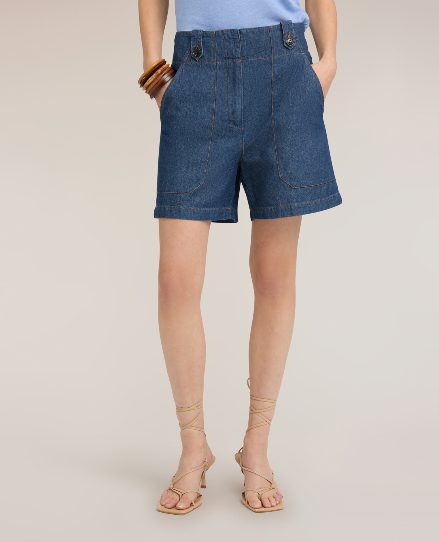 Shorts de mujer de talle alto en denim costuras en contraste de color cierre frontal sartorial - Motivi - Azul Azul-3