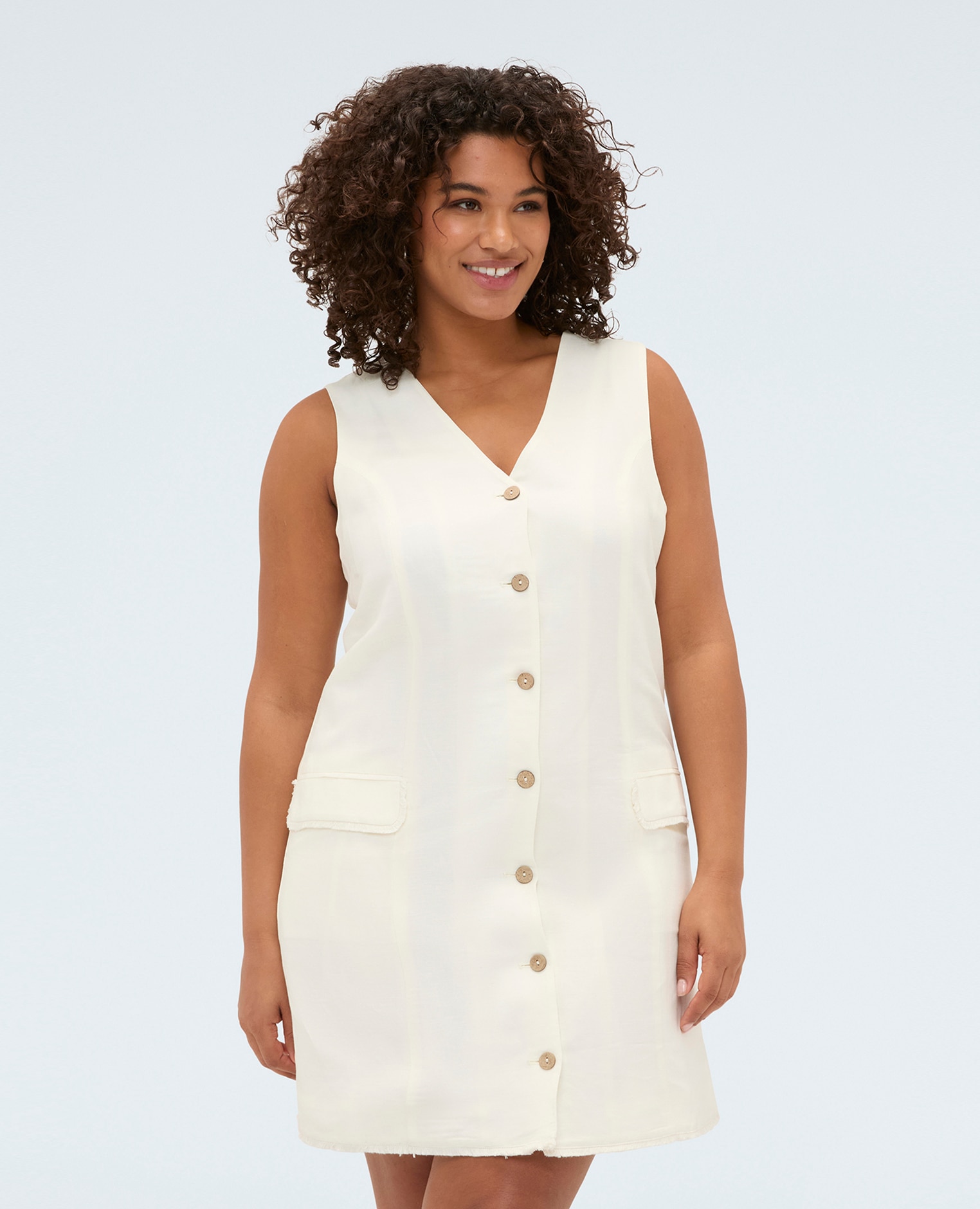 Vestido camisero en mezcla de lino y viscosa escote en v y cierre frontal con botones - Fiorella Rubino - Blanco Blanco-3