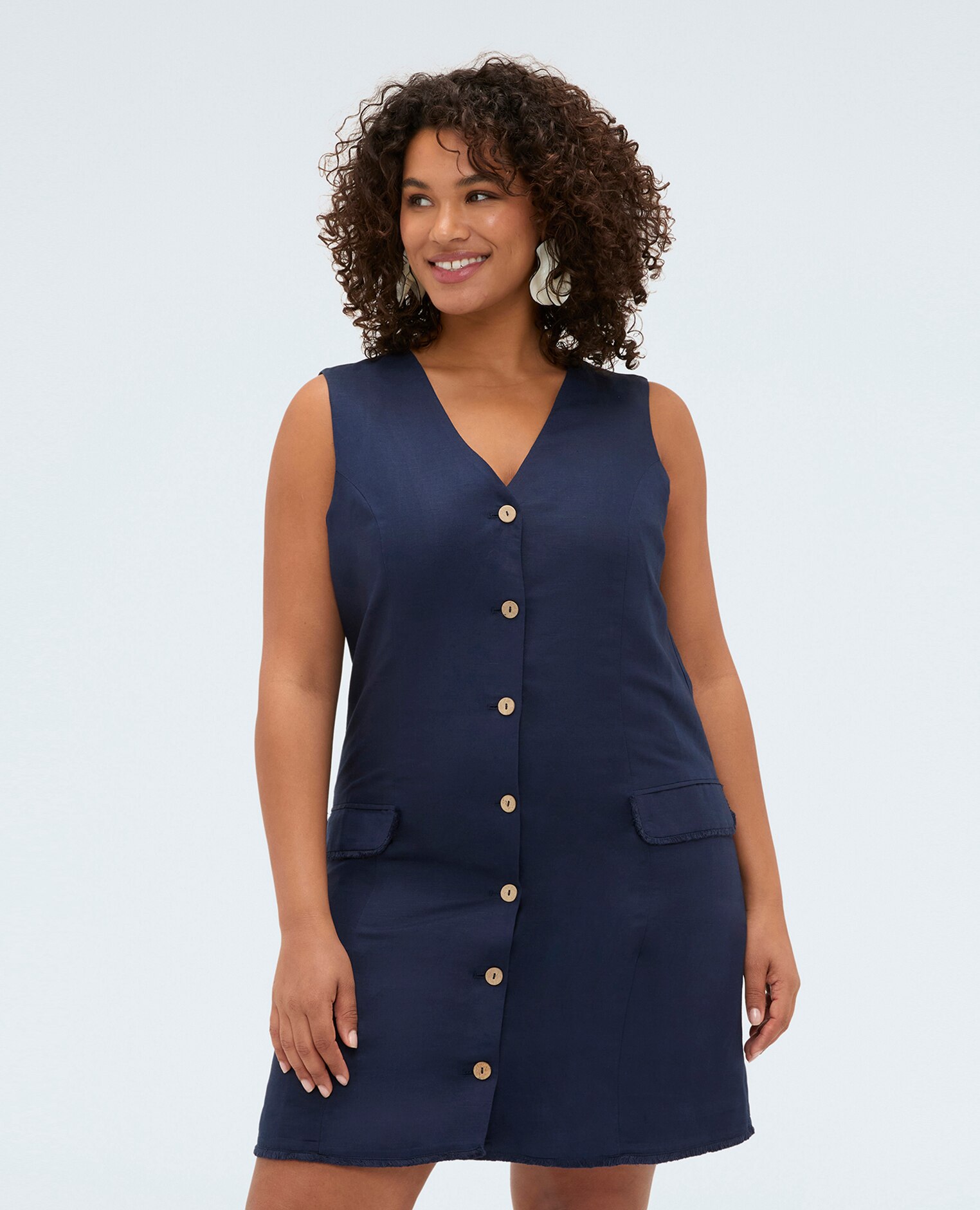 Vestido camisero en mezcla de lino y viscosa escote en v y cierre frontal con botones - Fiorella Rubino - Azul Azul-3