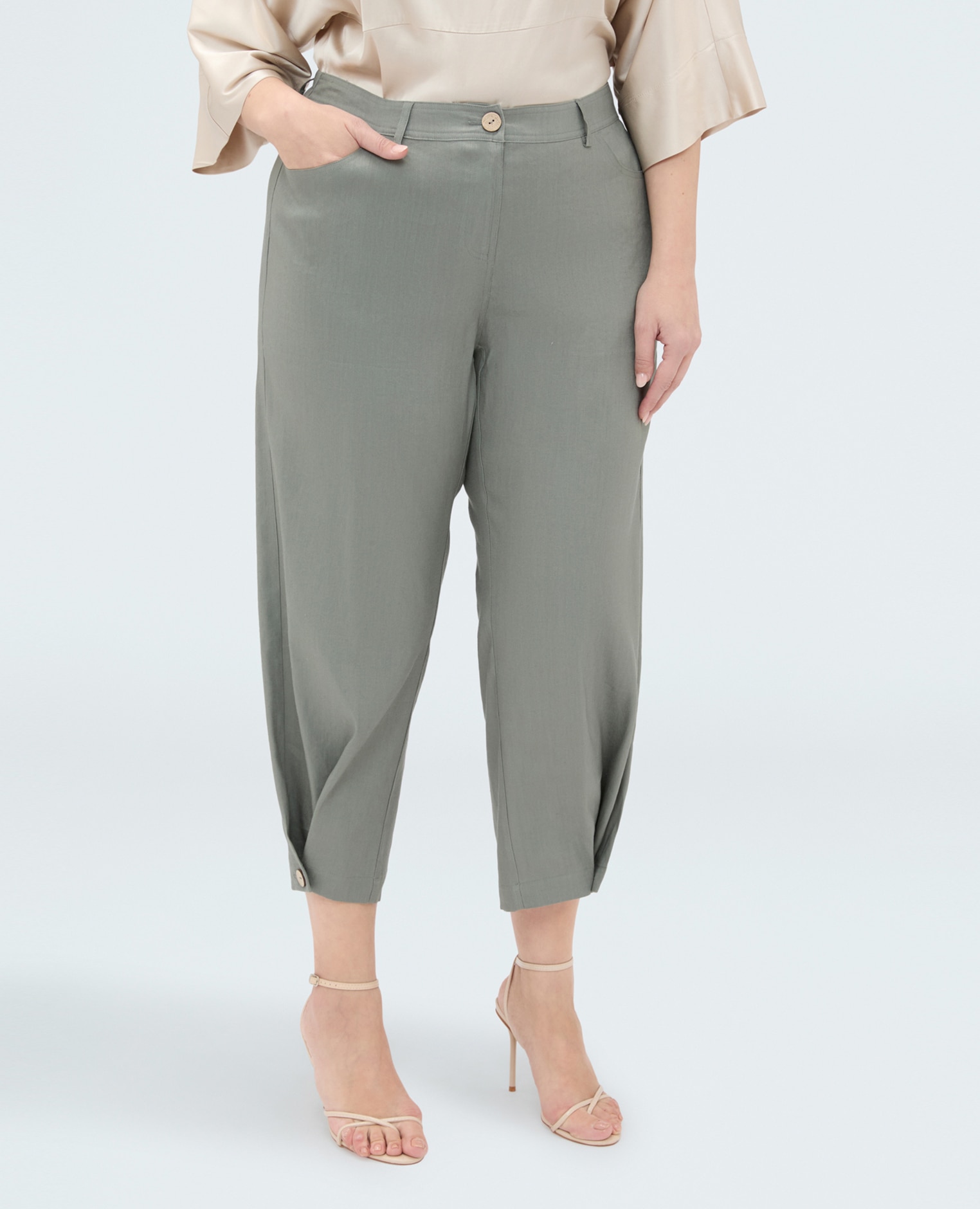 Pantalones de mujer balloon de mezcla de lino bolsillos delanteros y raya marcada detalle de botón en el bajo de la pierna - Fiorella Rubino - Verde militar Verde militar-3