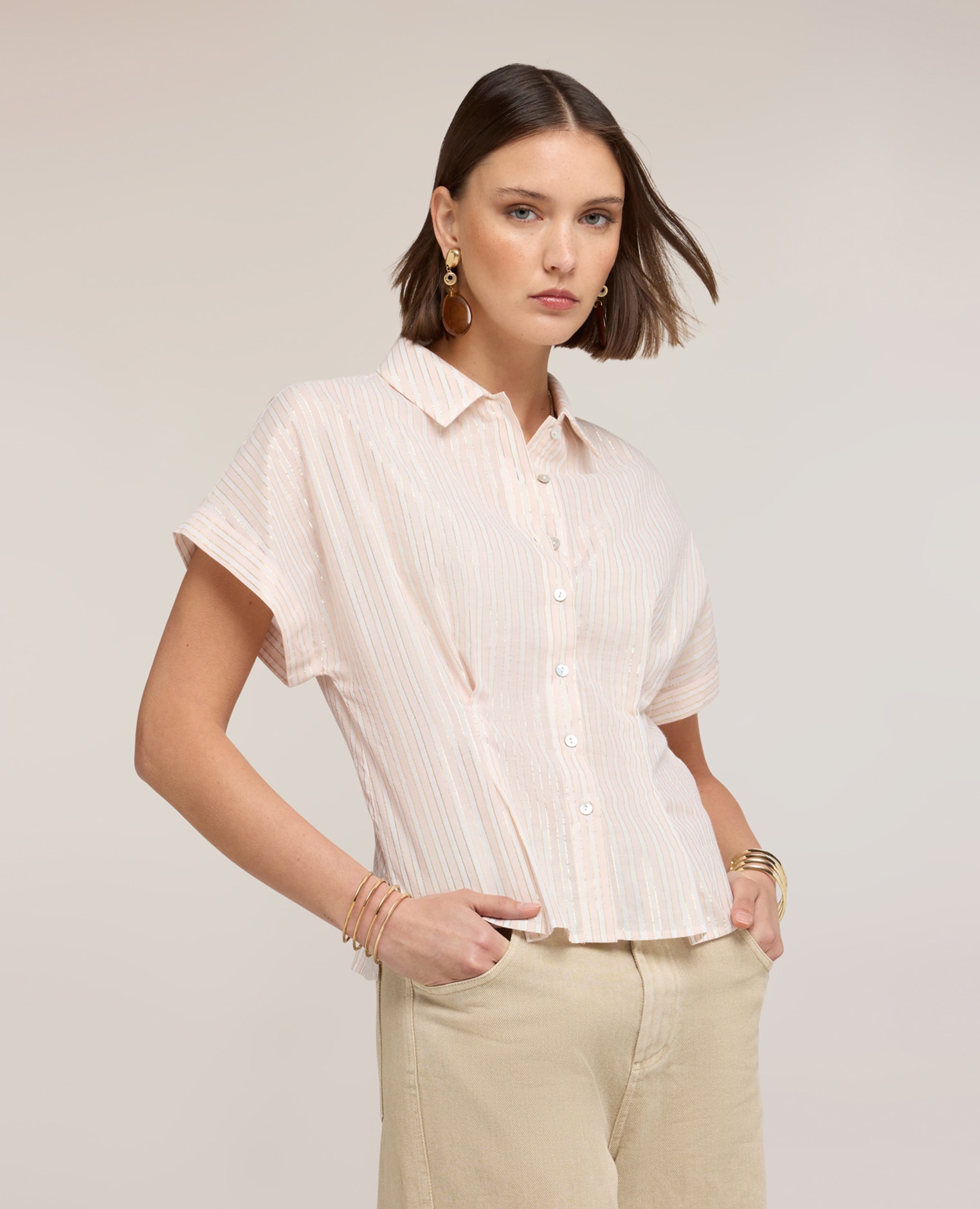 Camisa de mujer de muselina a rayas lurex cuello clásico con cierre frontal de botones - Motivi - Rosa Rosa-1