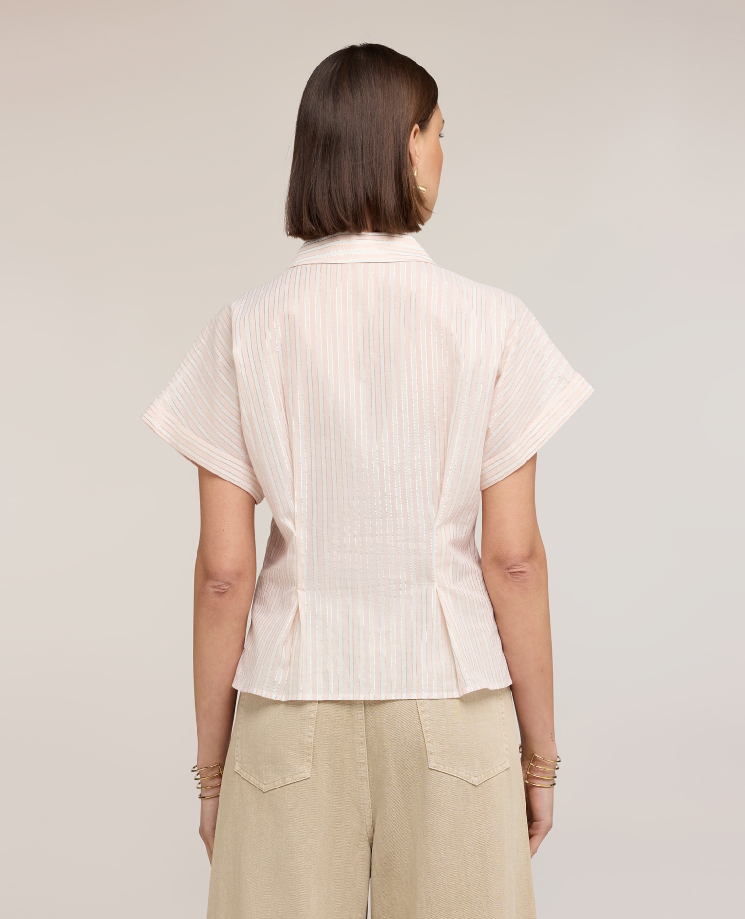 Camisa de mujer de muselina a rayas lurex cuello clásico con cierre frontal de botones - Motivi - Rosa Rosa-2