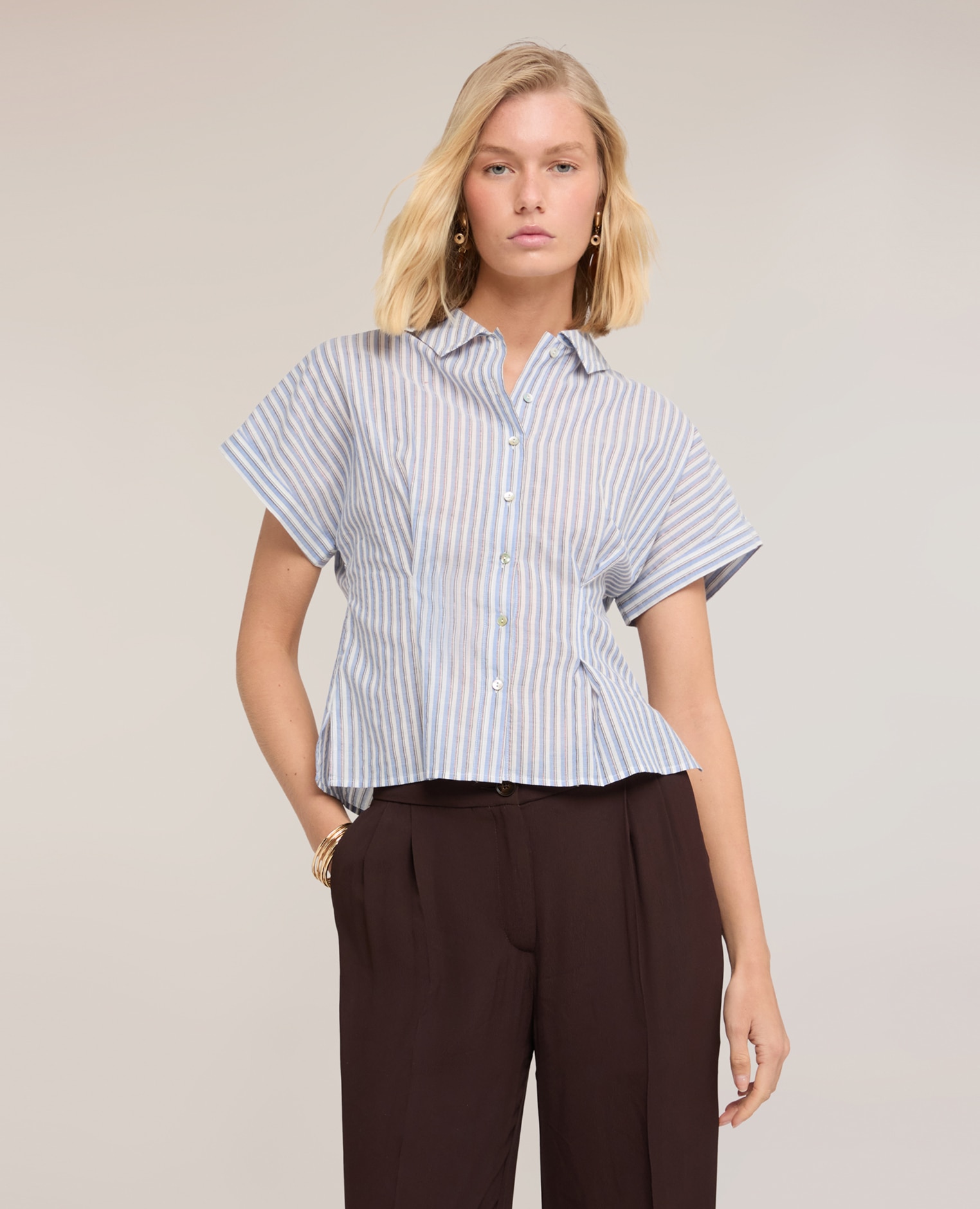 Camisa de mujer de muselina a rayas lurex cuello clásico con cierre frontal de botones - Motivi - Azul claro Azul claro-1