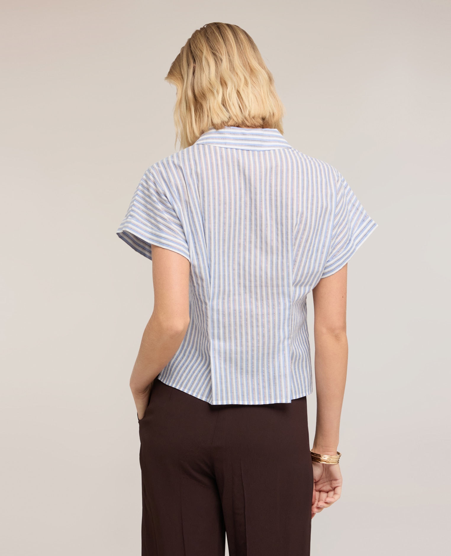 Camisa de mujer de muselina a rayas lurex cuello clásico con cierre frontal de botones - Motivi - Azul claro Azul claro-2