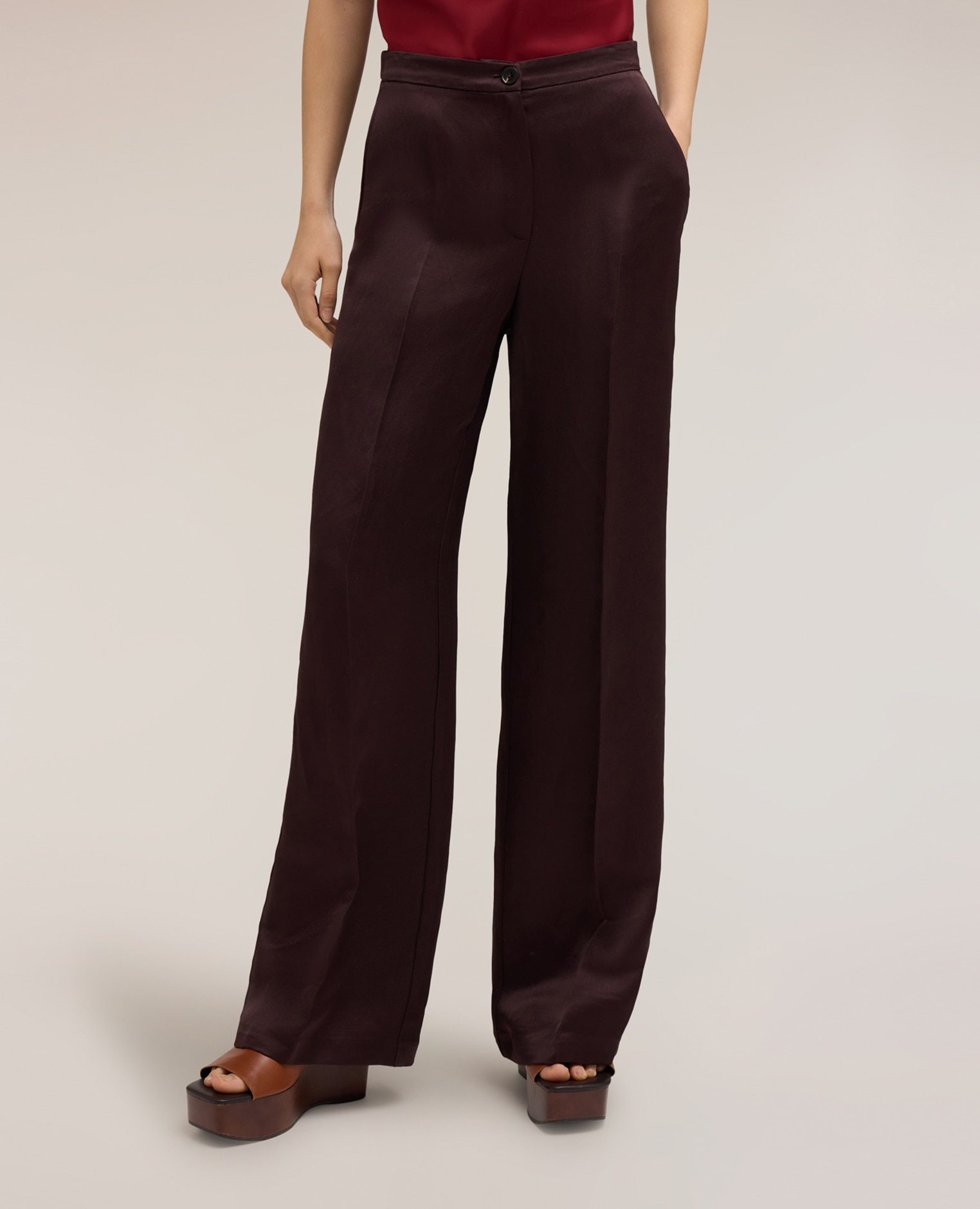 Pantalones de mujer palazzo de mezcla de lino ajuste ancho cierre con botones y cremallera - Motivi - Marrón Marrón-3