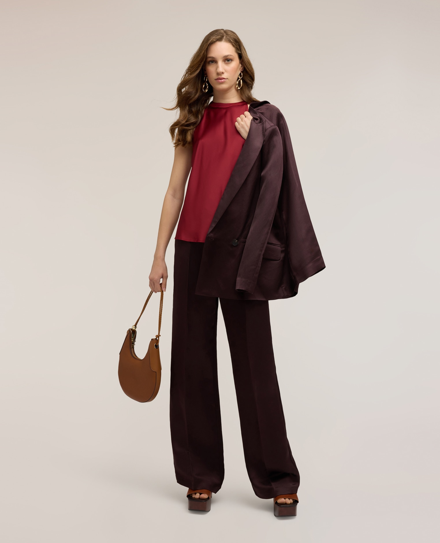 Motivi - Pantalones de mujer palazzo de mezcla de lino ajuste ancho cierre con botones y cremallera.
