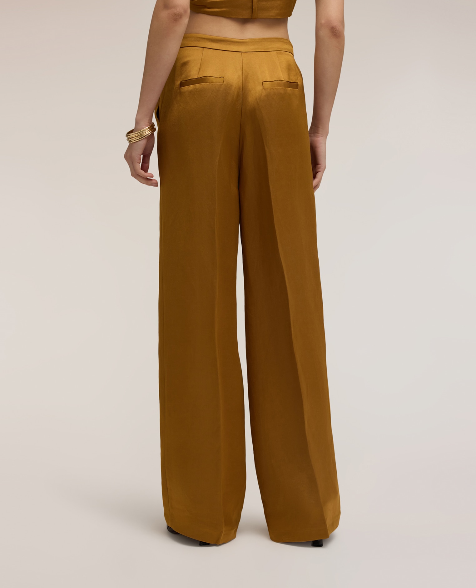 Pantalones de mujer palazzo de mezcla de lino ajuste ancho cierre con botones y cremallera - Motivi - Amarillo Amarillo-2