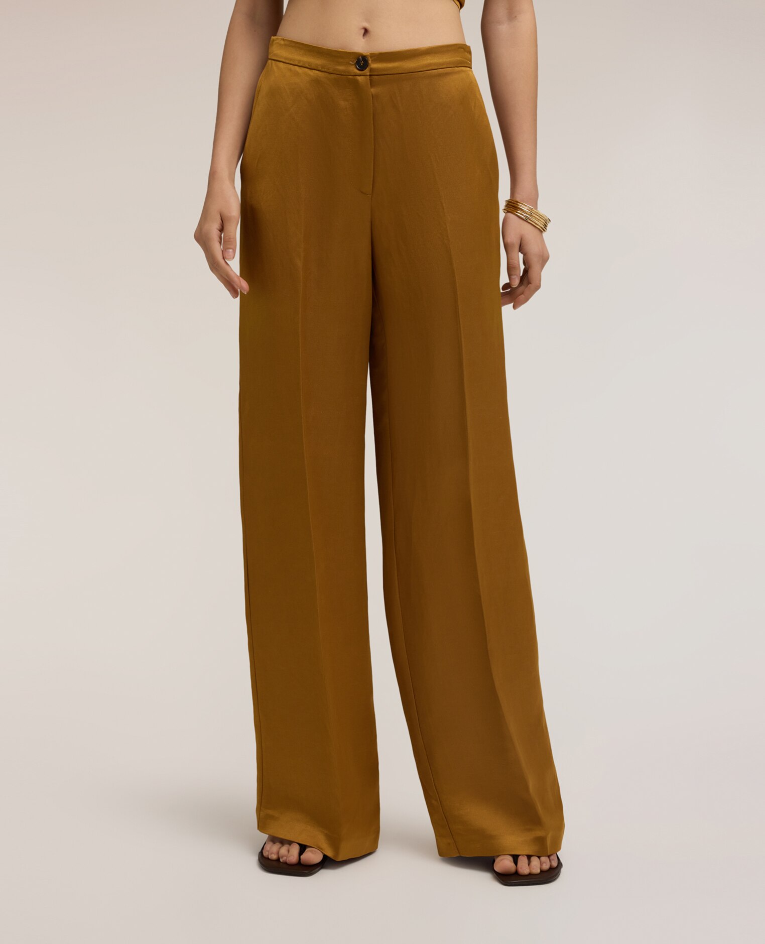 Pantalones de mujer palazzo de mezcla de lino ajuste ancho cierre con botones y cremallera - Motivi - Amarillo Amarillo-3