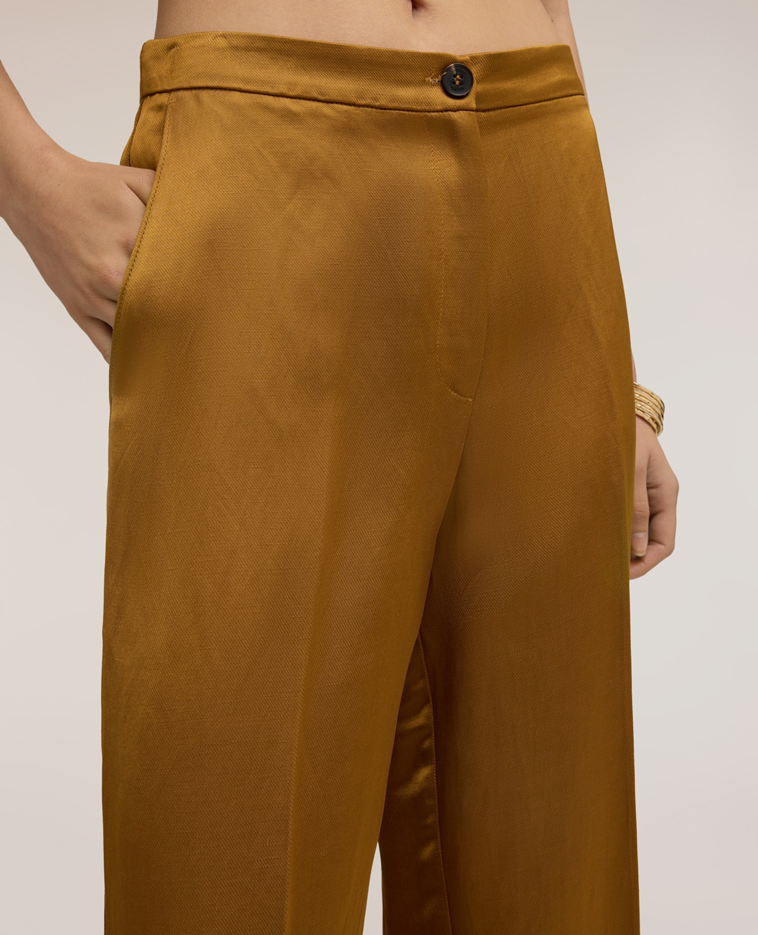 Pantalones de mujer palazzo de mezcla de lino ajuste ancho cierre con botones y cremallera - Motivi - Amarillo Amarillo-4