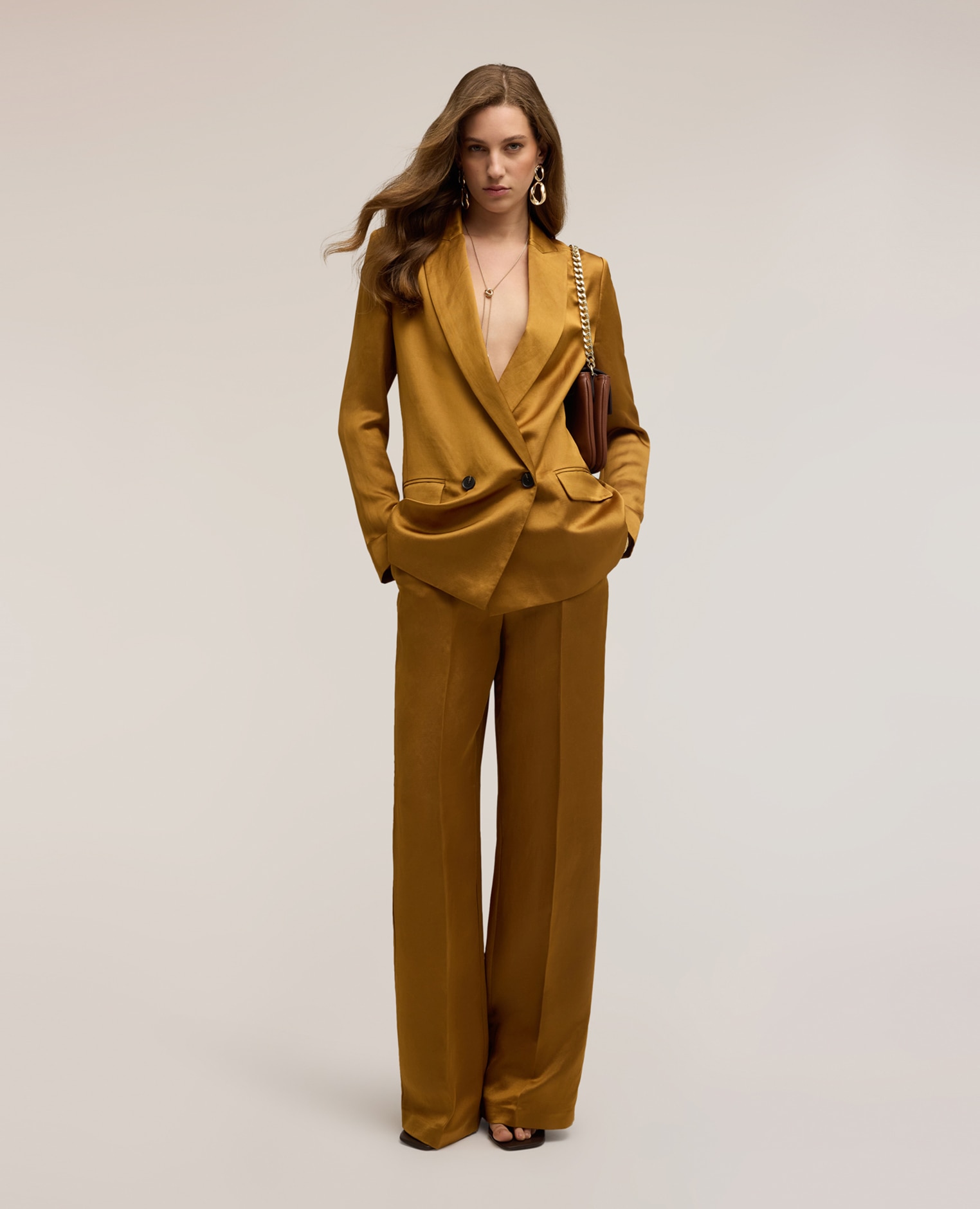 Motivi - Pantalones de mujer palazzo de mezcla de lino ajuste ancho cierre con botones y cremallera.