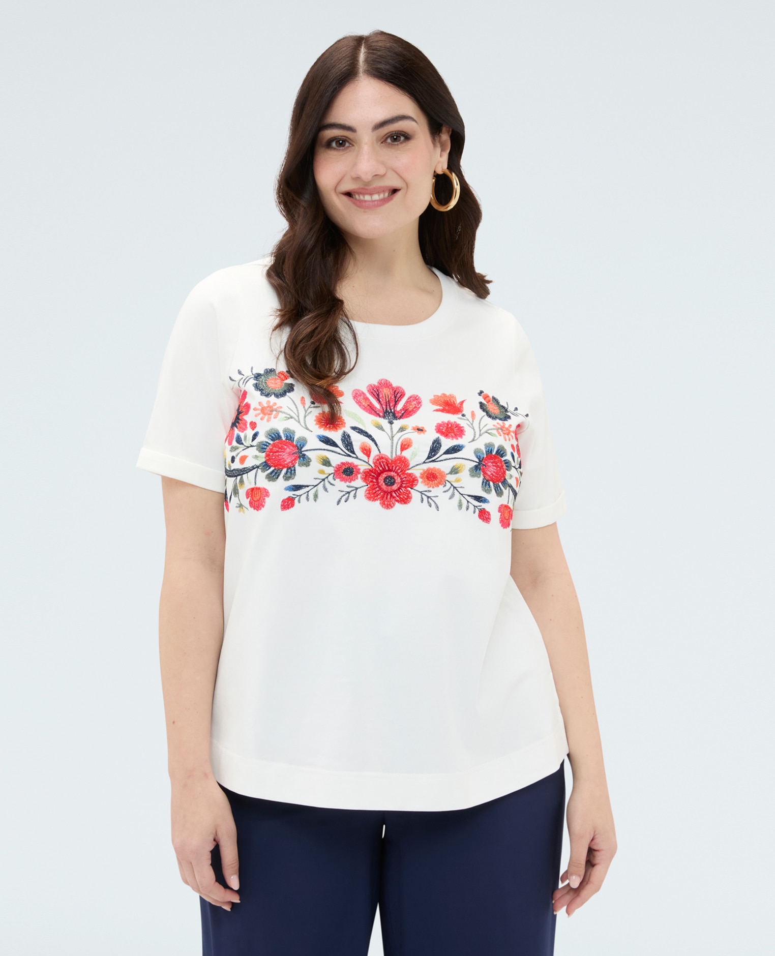Camiseta de mujer de algodón con bordado floral bordado floral multicolor en la parte delantera - Fiorella Rubino - Blanco Blanco-1