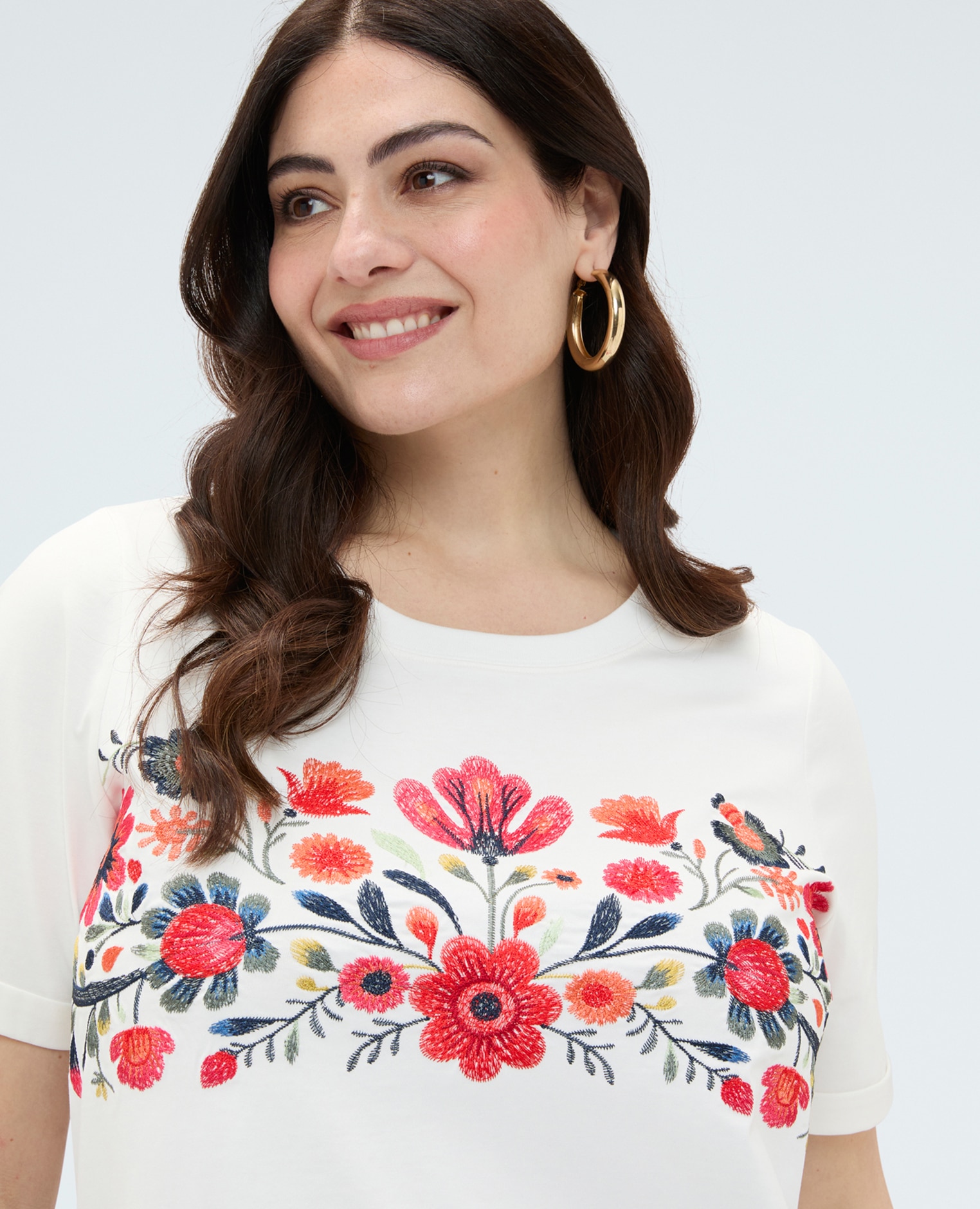 Camiseta de mujer de algodón con bordado floral bordado floral multicolor en la parte delantera - Fiorella Rubino - Blanco Blanco-4