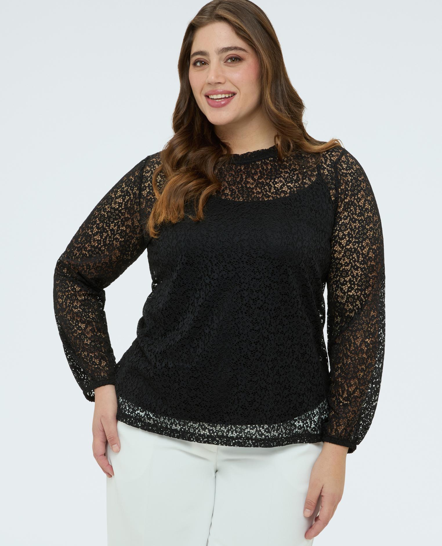 Camiseta de mujer de encaje calado top para llevar debajo - Fiorella Rubino - Negro Negro-1