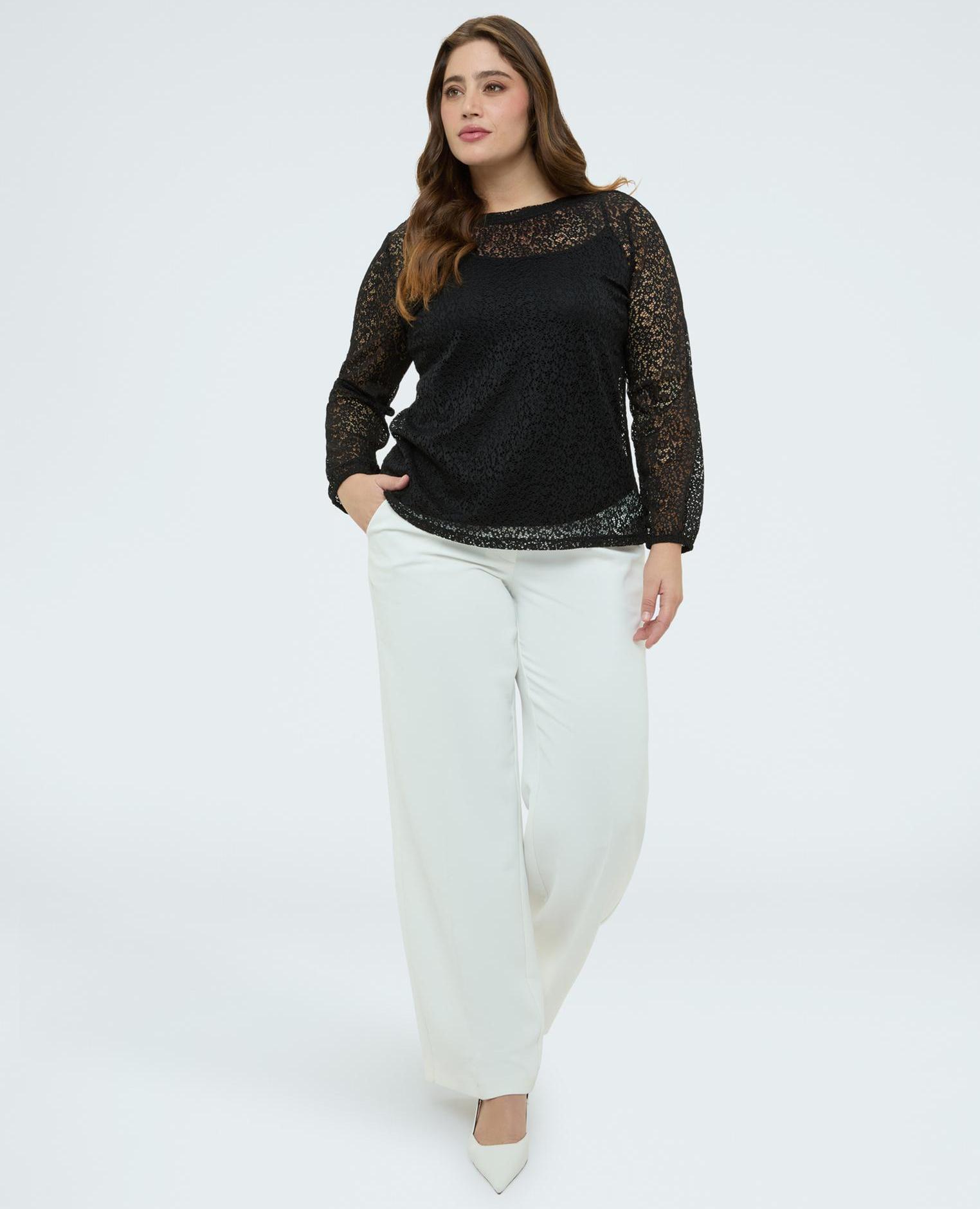Camiseta de mujer de encaje calado top para llevar debajo - Fiorella Rubino - Negro Negro-3