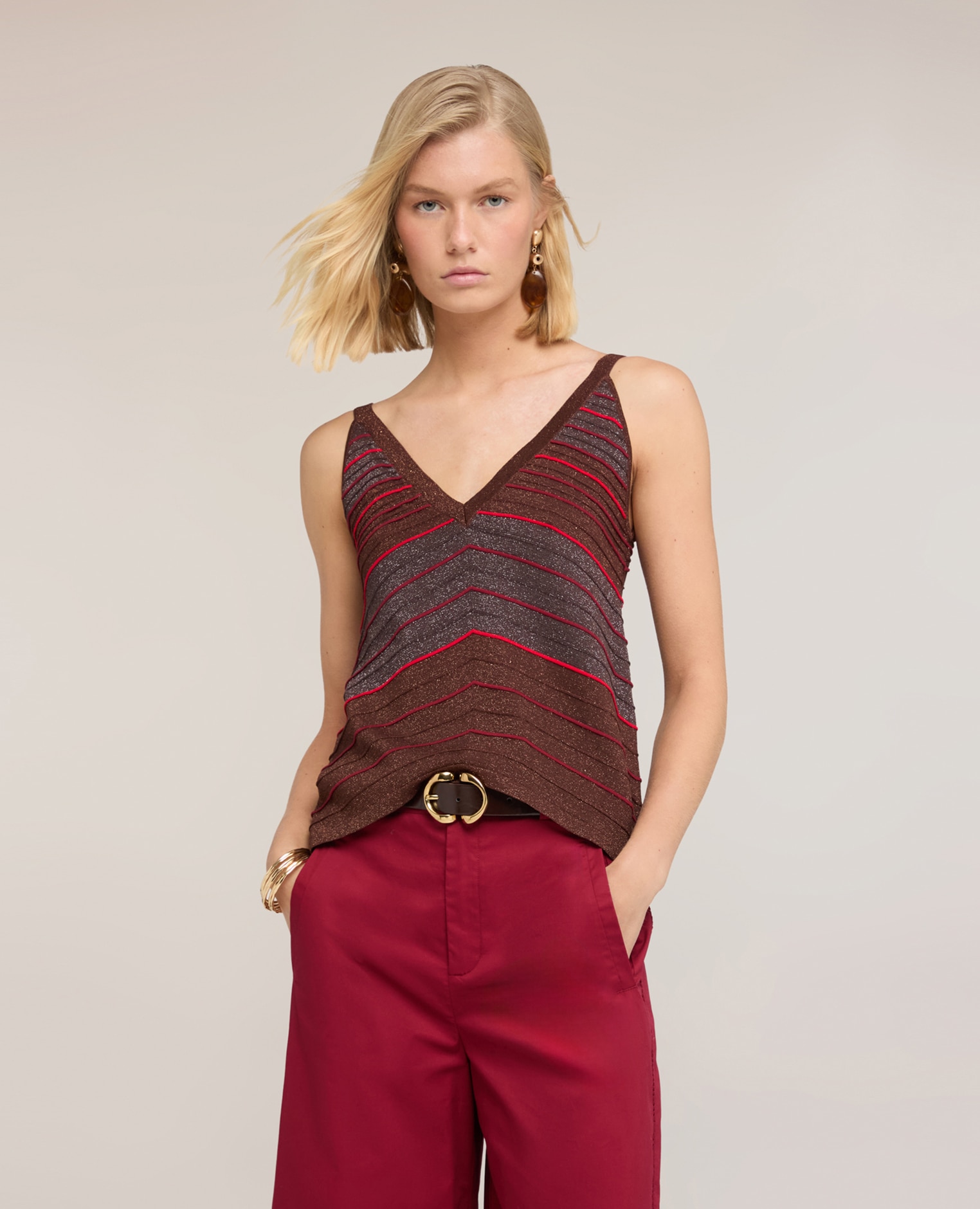 Top de mujer de punto de rayas en mezcla de lurex modelo asimétrico con ajuste regular - Motivi - Burdeos Burdeos-1