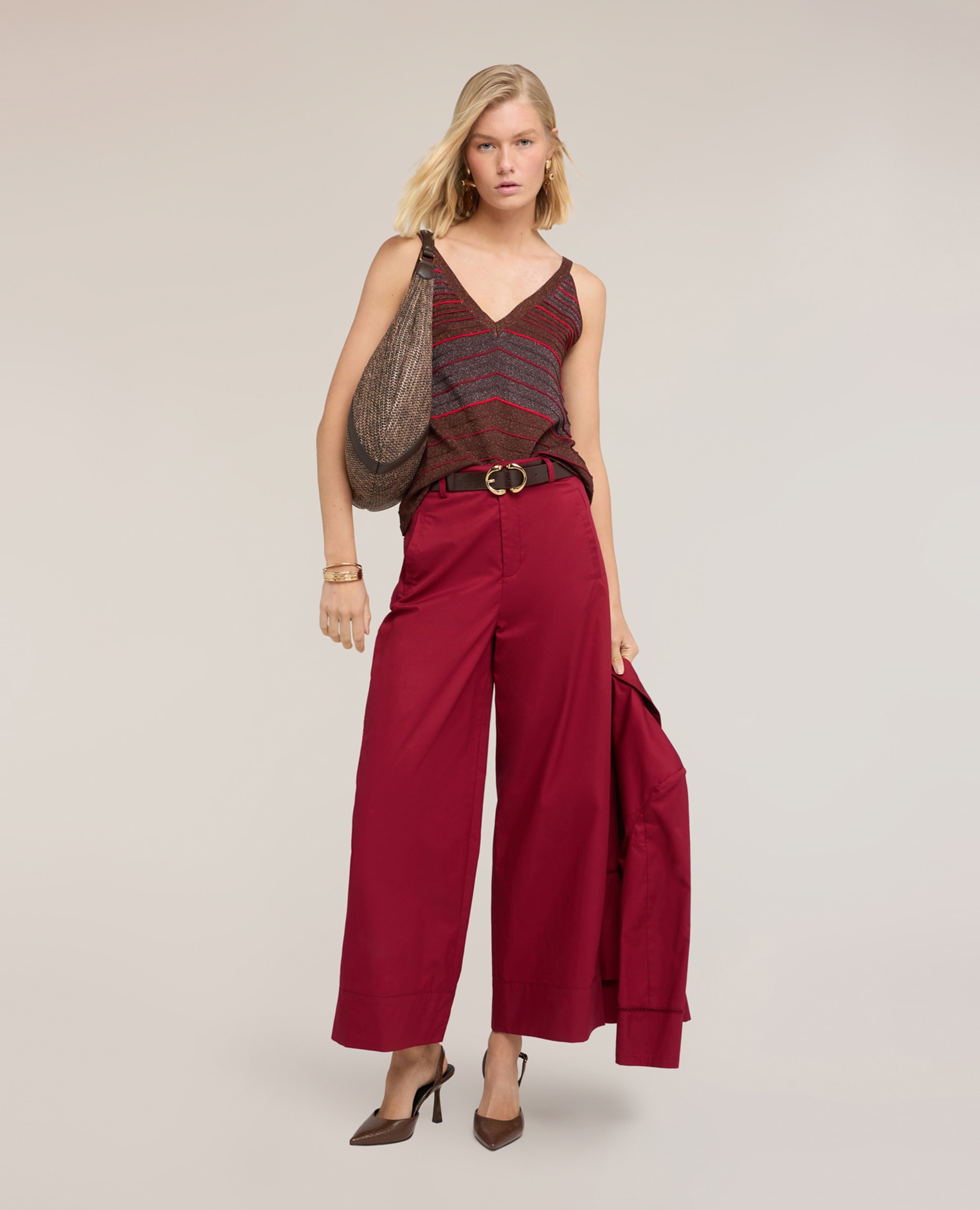 Top de mujer de punto de rayas en mezcla de lurex modelo asimétrico con ajuste regular - Motivi - Burdeos Burdeos-3