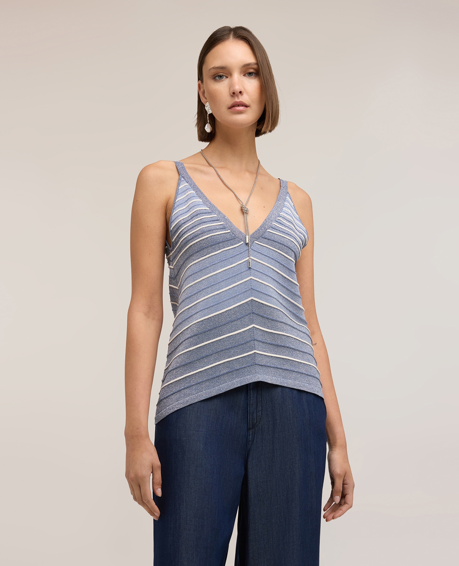 Top de mujer de punto de rayas en mezcla de lurex modelo asimétrico con ajuste regular - Motivi - Azul claro Azul claro-1