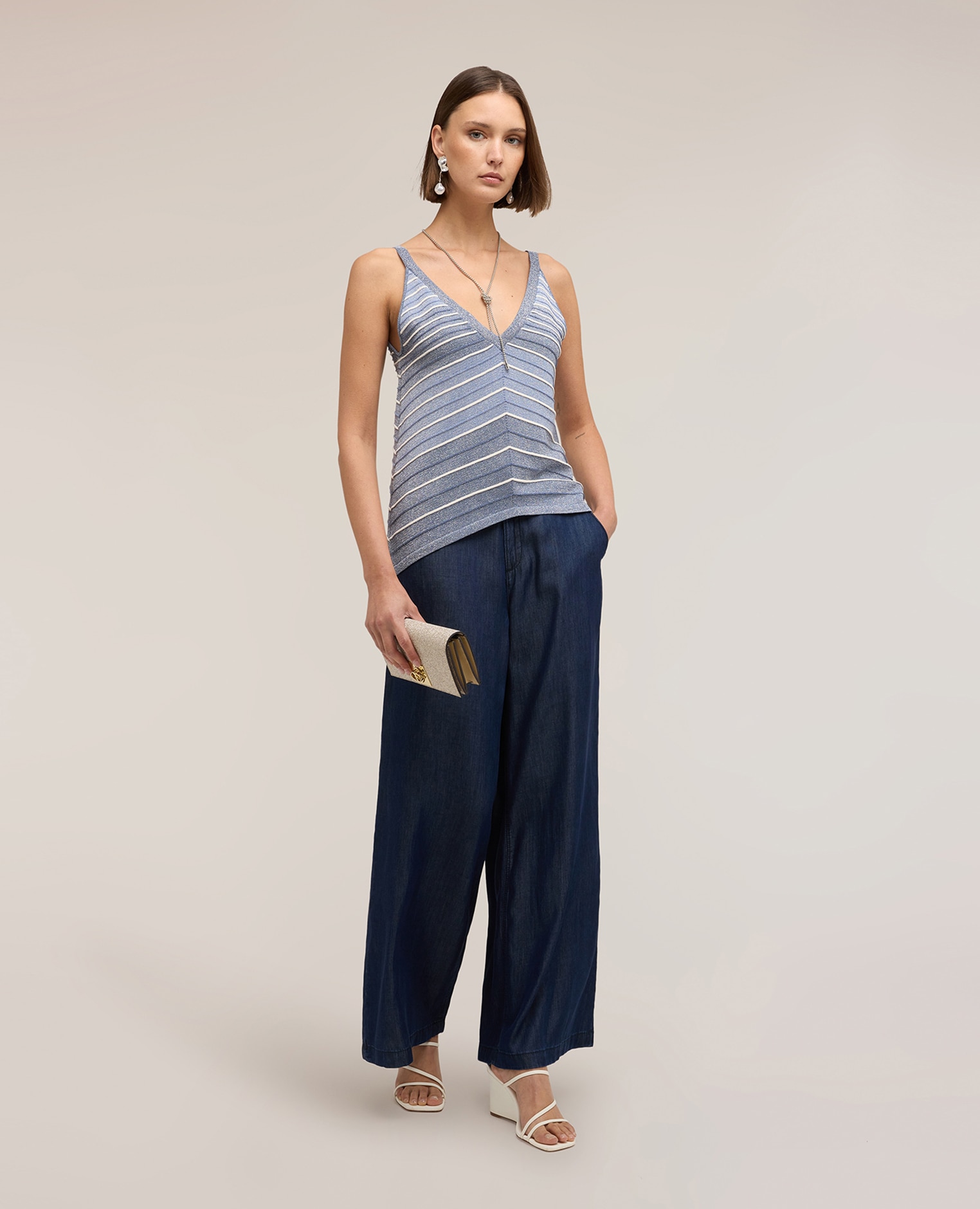 Top de mujer de punto de rayas en mezcla de lurex modelo asimétrico con ajuste regular - Motivi - Azul claro Azul claro-3