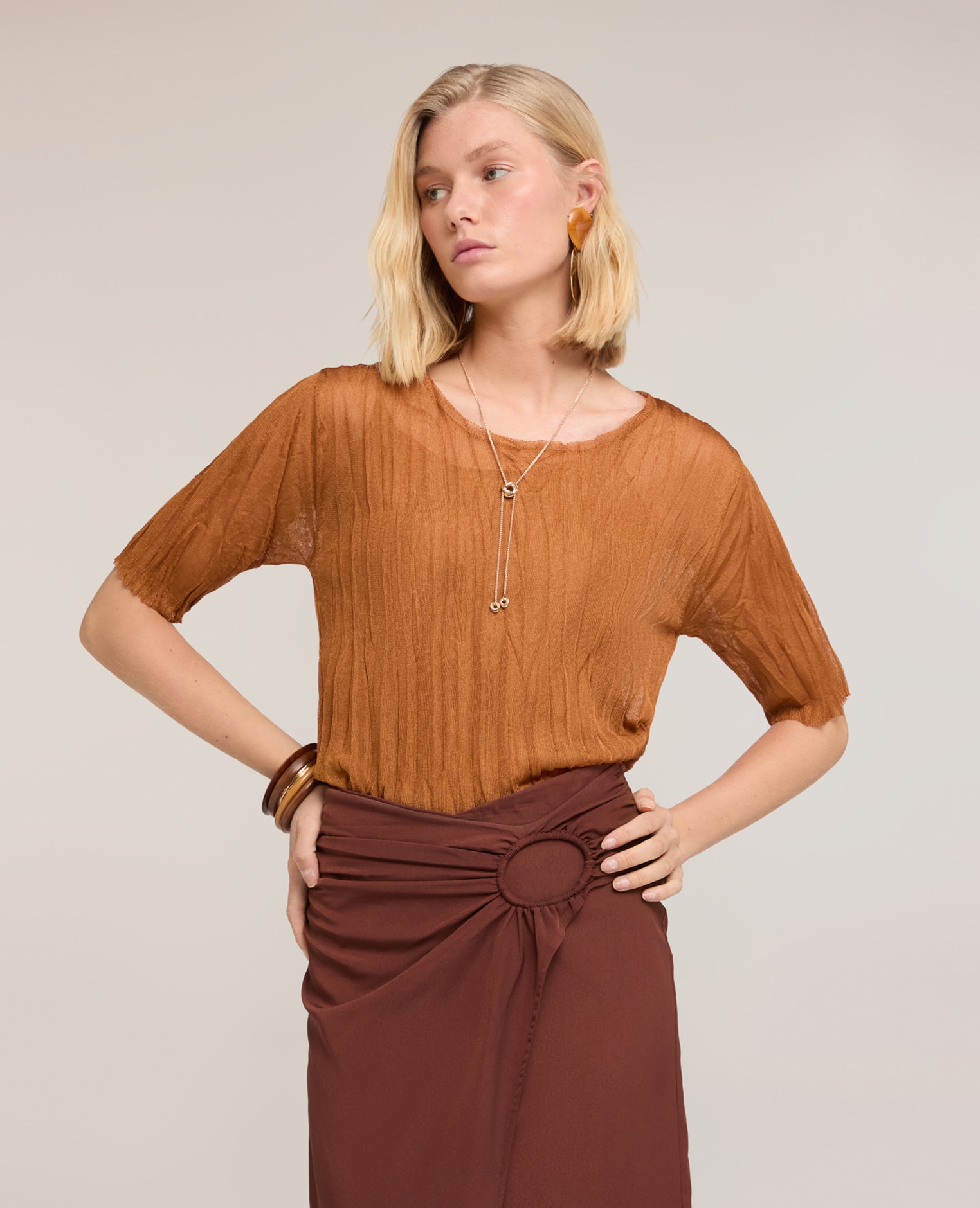 Jersey de mujer corto efecto arrugado escote redondo mangas cortas - Motivi - Naranja Naranja-1
