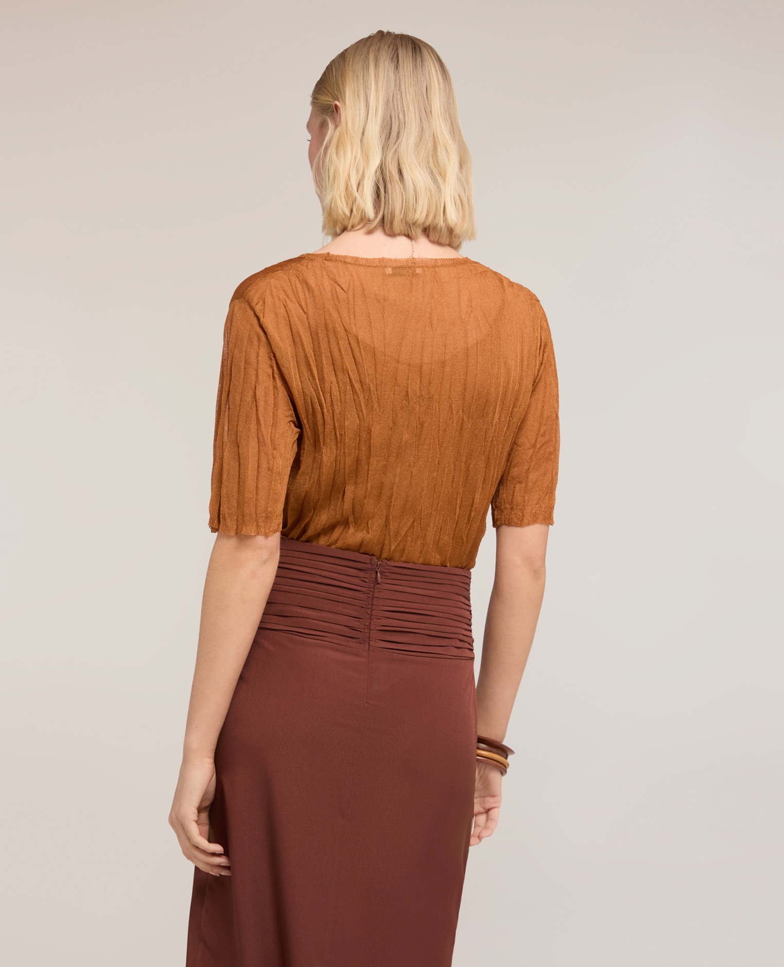 Jersey de mujer corto efecto arrugado escote redondo mangas cortas - Motivi - Naranja Naranja-2