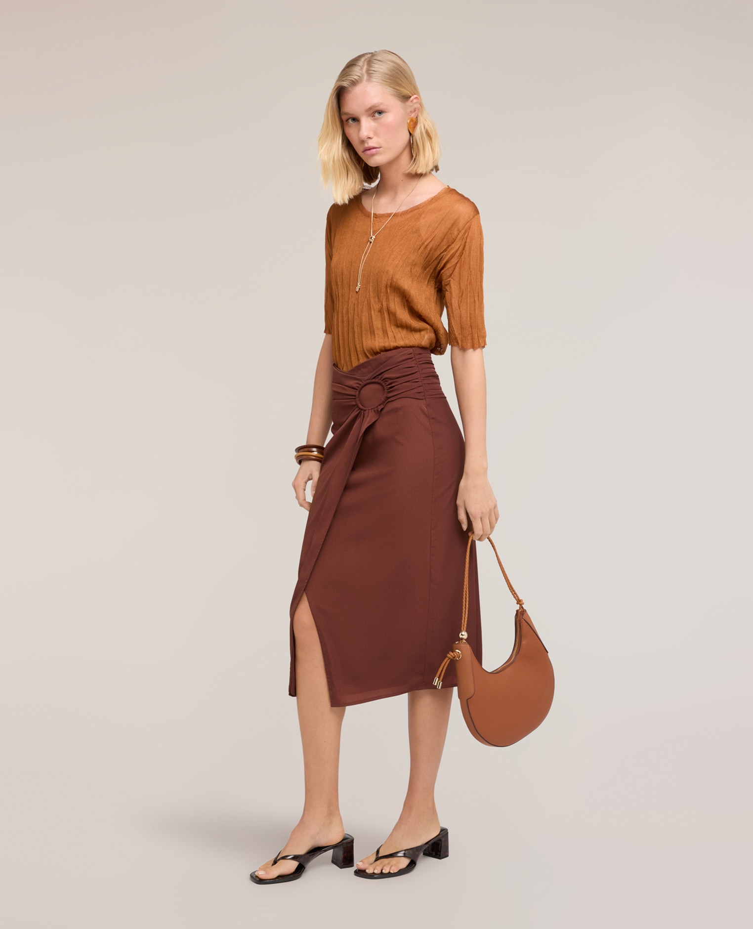 Jersey de mujer corto efecto arrugado escote redondo mangas cortas - Motivi - Naranja Naranja-3