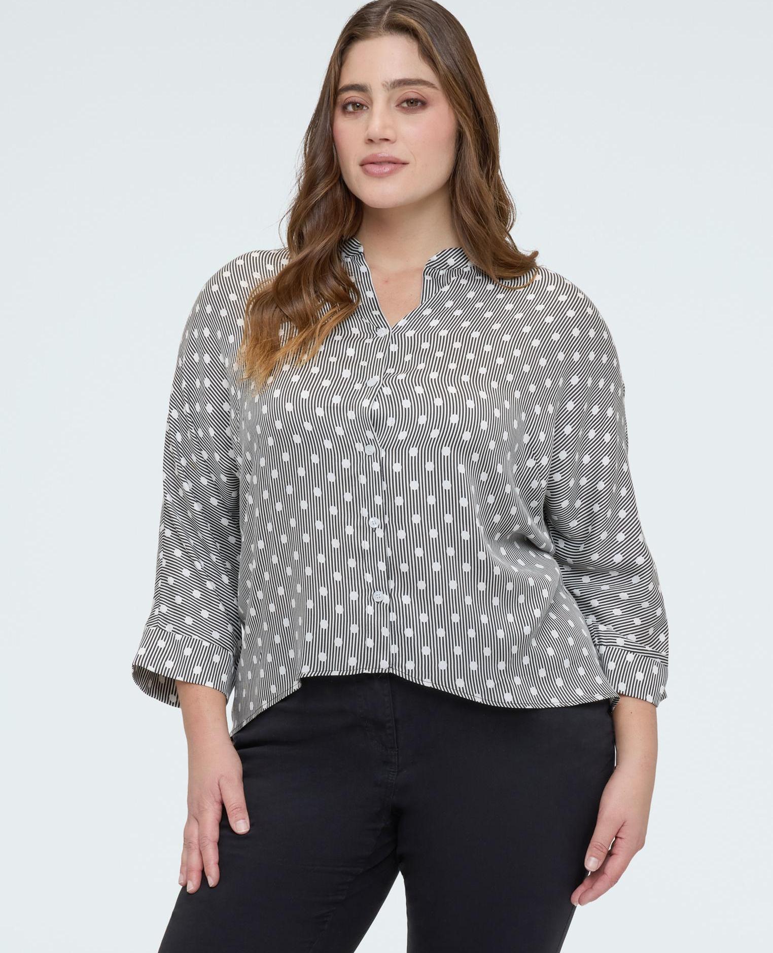 Camisa de mujer de lunares en raso de viscosa sobre rayas verticales - Fiorella Rubino - Gris Gris-1