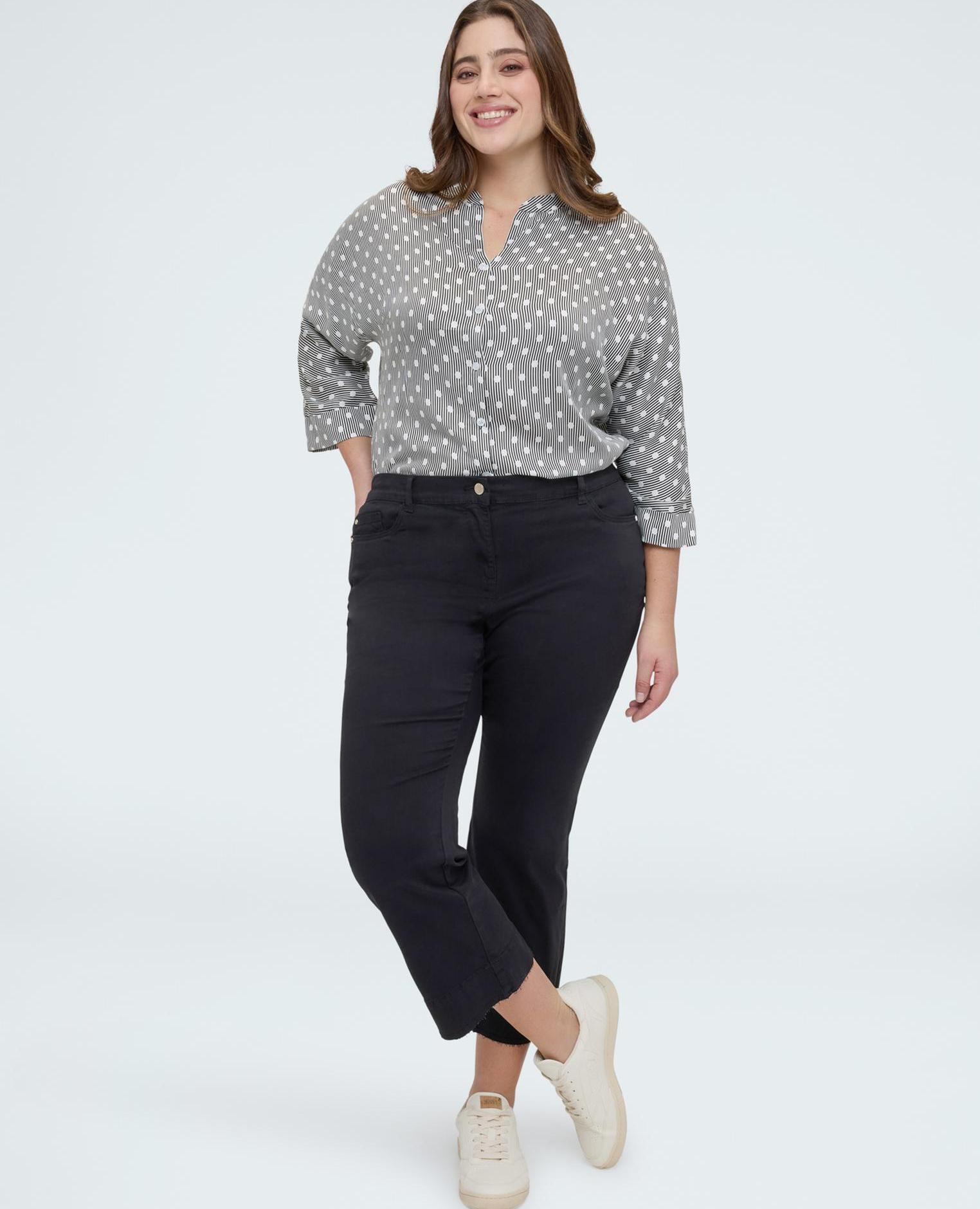 Camisa de mujer de lunares en raso de viscosa sobre rayas verticales - Fiorella Rubino - Gris Gris-3