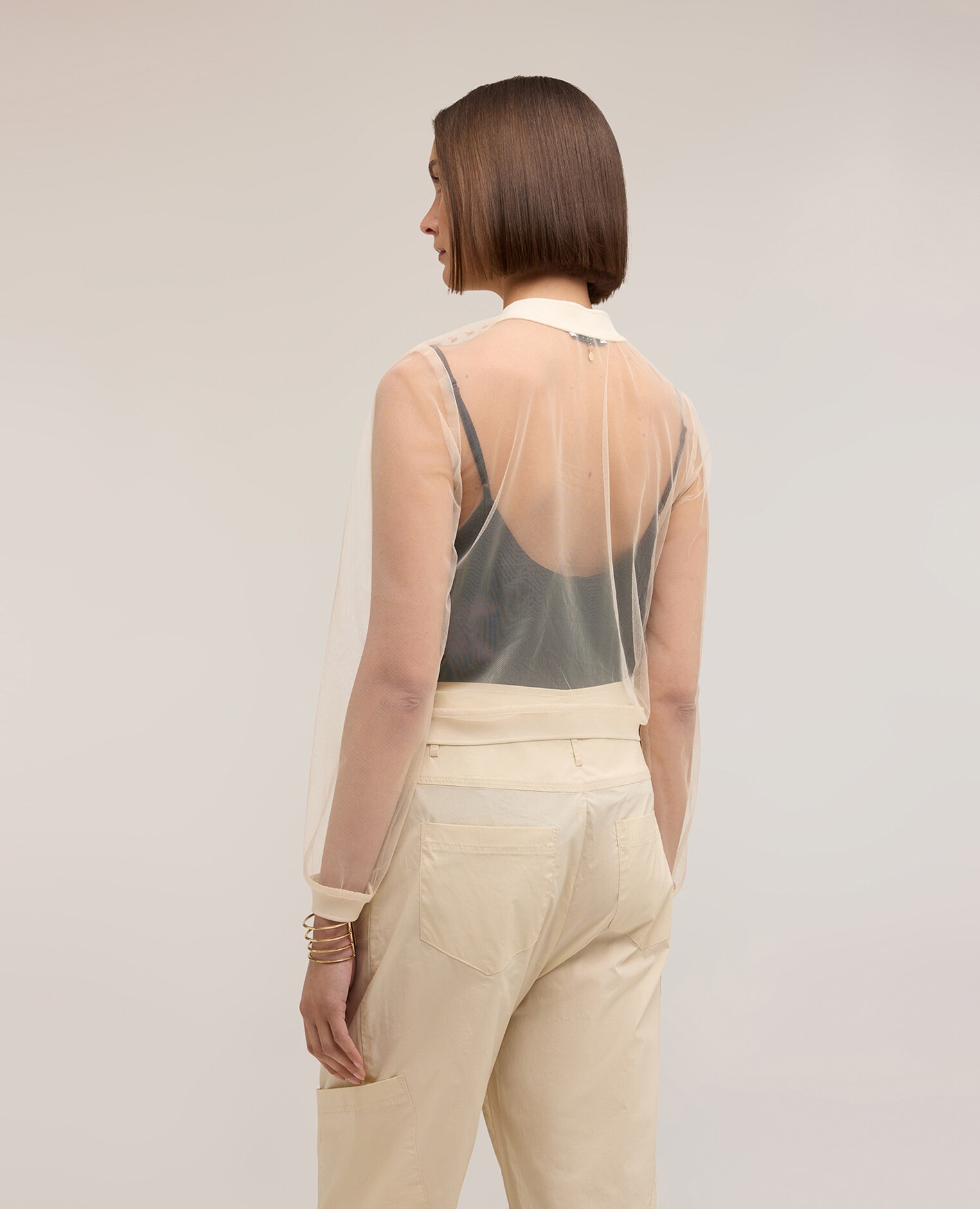 Camisa de mujer de tul con bordado joya cierre frontal con escote redondo y botones ajuste regular - Motivi - Beige Beige-2