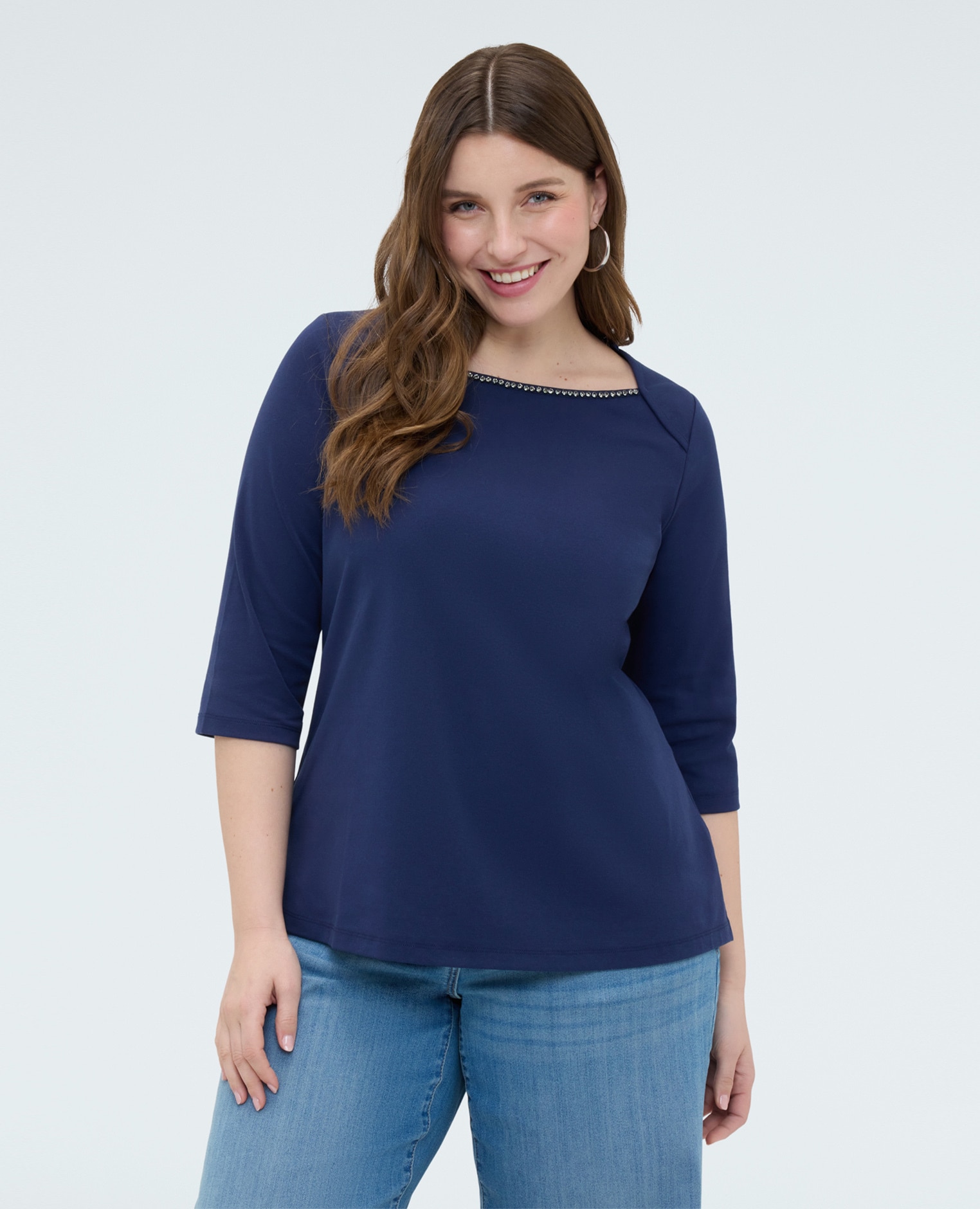 Camiseta de mujer de jersey con aplicaciones joya aplicaciones joya a lo largo del escote - Fiorella Rubino - Azul Azul-1