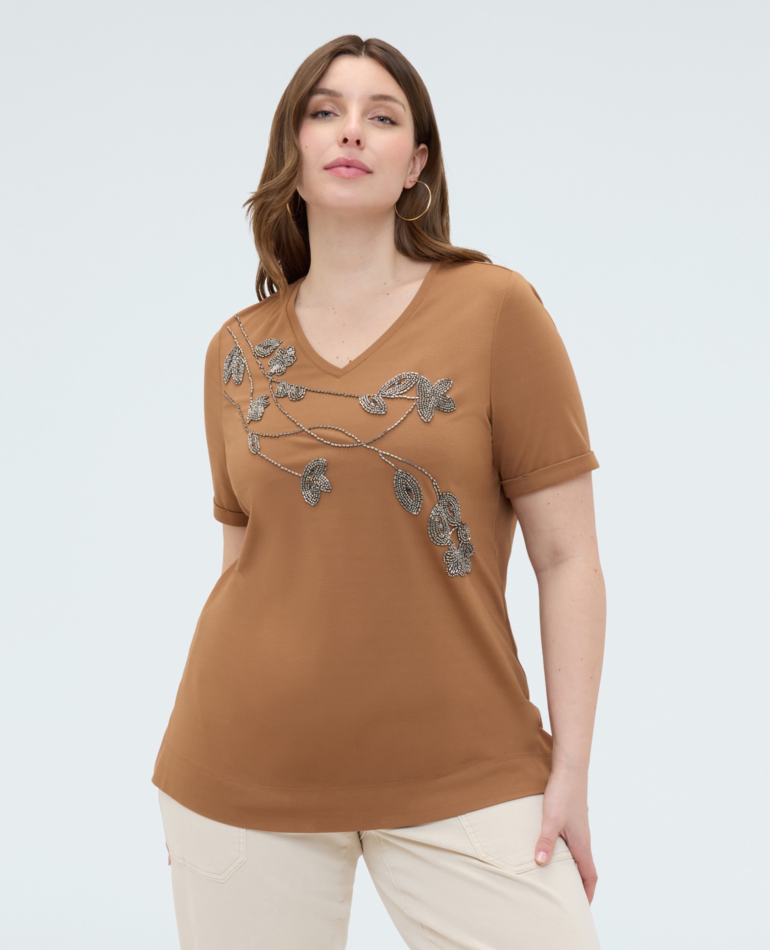 Camiseta de mujer de algodón con bordado floral aplicaciones decorativas con motivo floral en el delantero - Fiorella Rubino - Marrón Marrón-1
