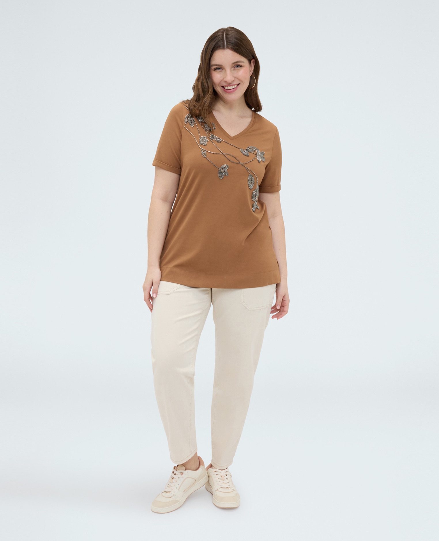 Camiseta de mujer de algodón con bordado floral aplicaciones decorativas con motivo floral en el delantero - Fiorella Rubino - Marrón Marrón-3