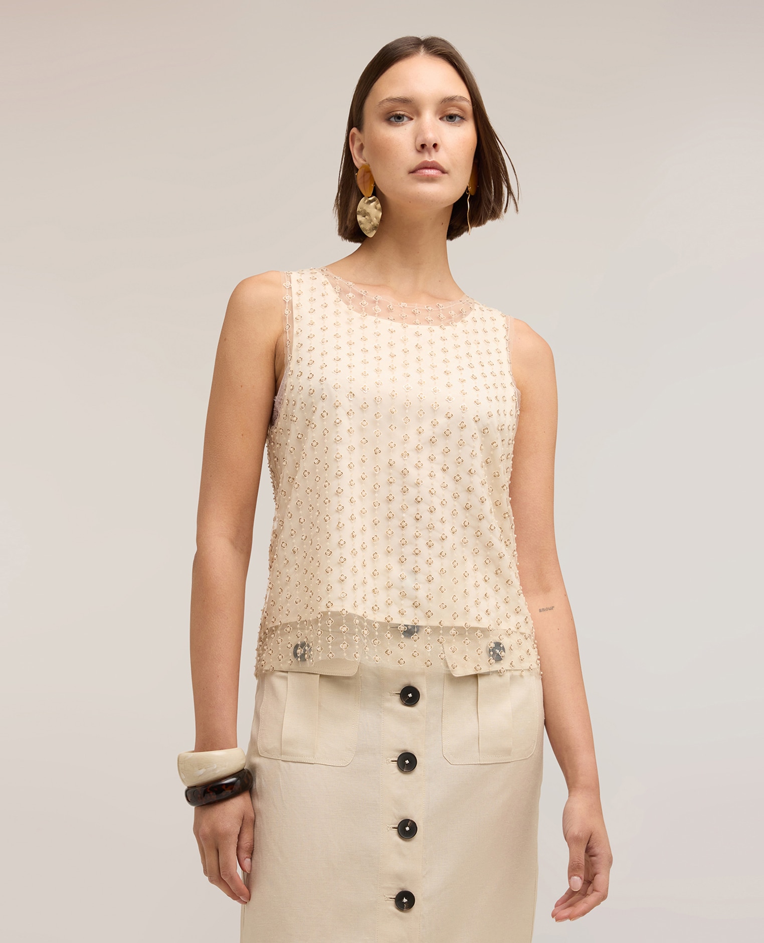 Top de mujer de tul bordado escote delantero barco - Motivi - Beige Beige-1