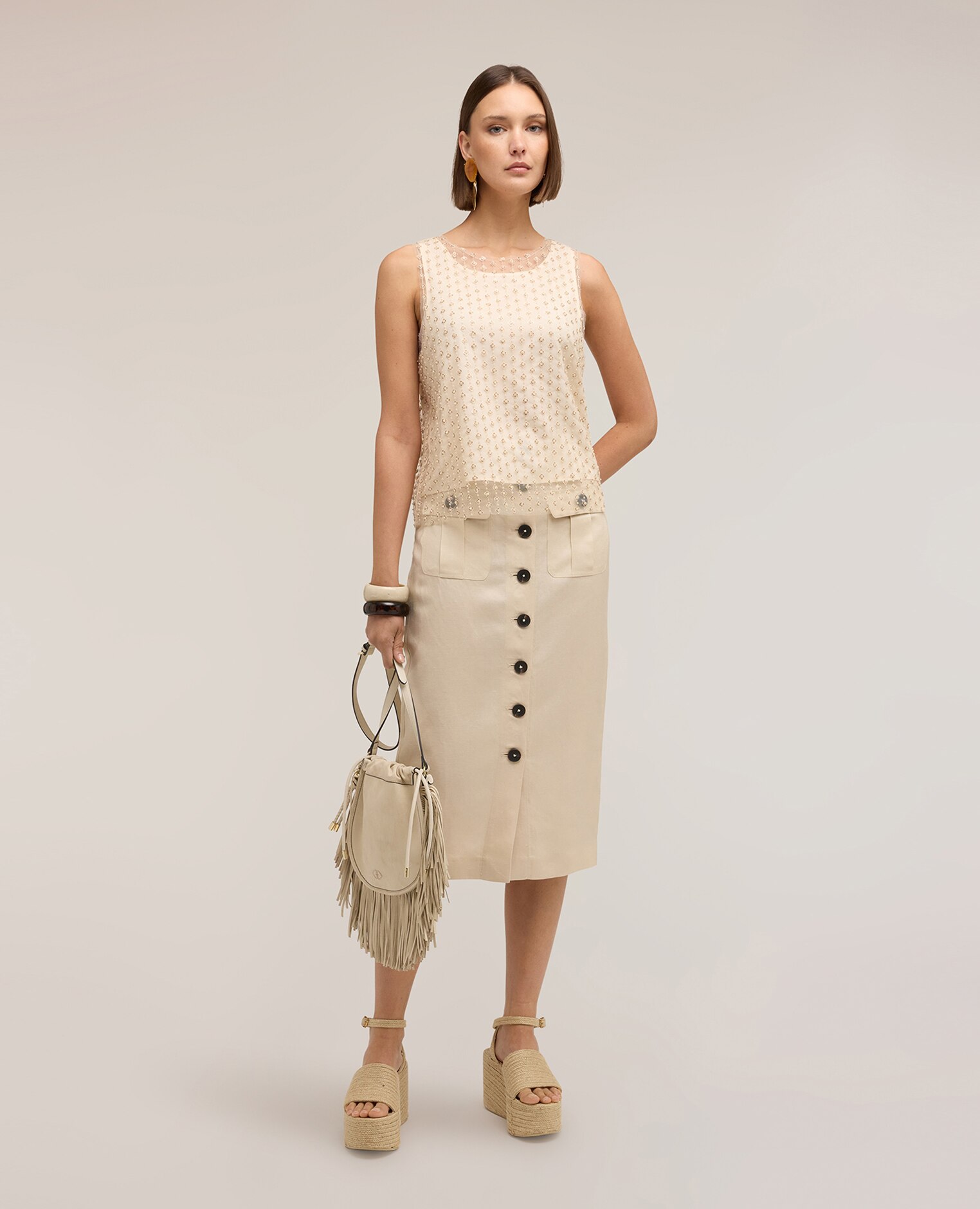 Top de mujer de tul bordado escote delantero barco - Motivi - Beige Beige-3