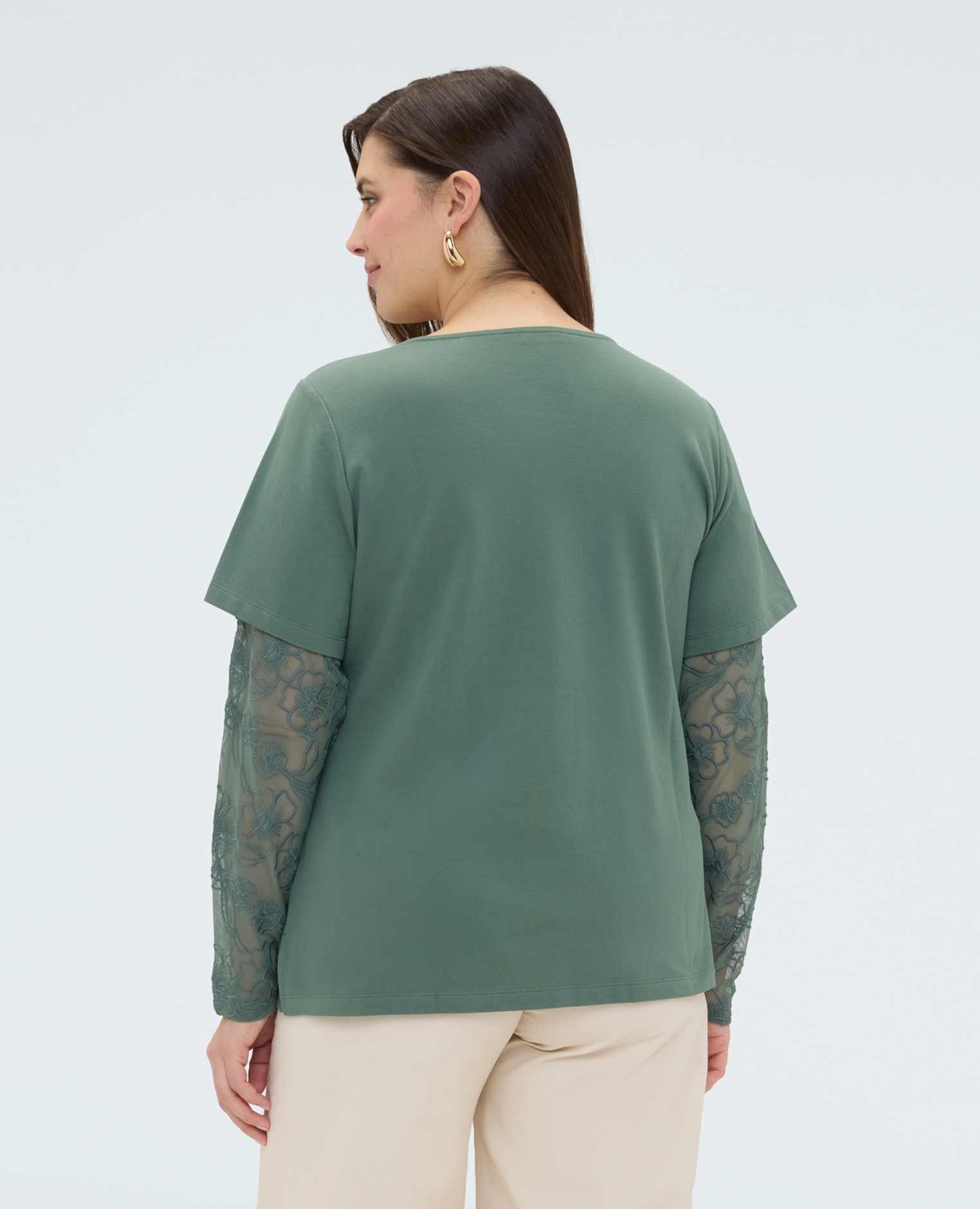 Camiseta de mujer con mangas y escote de encaje mangas de doble capa: cortas y largas de encaje - Fiorella Rubino - Verde militar Verde militar-2