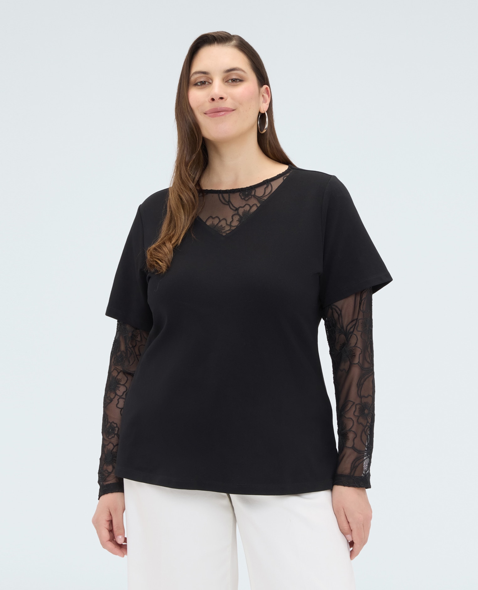 Camiseta de mujer con mangas y escote de encaje mangas de doble capa: cortas y largas de encaje - Fiorella Rubino - Negro Negro-1