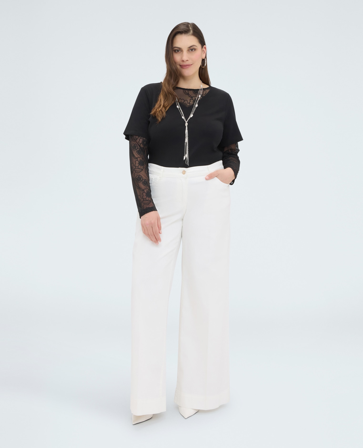 Camiseta de mujer con mangas y escote de encaje mangas de doble capa: cortas y largas de encaje - Fiorella Rubino - Negro Negro-3