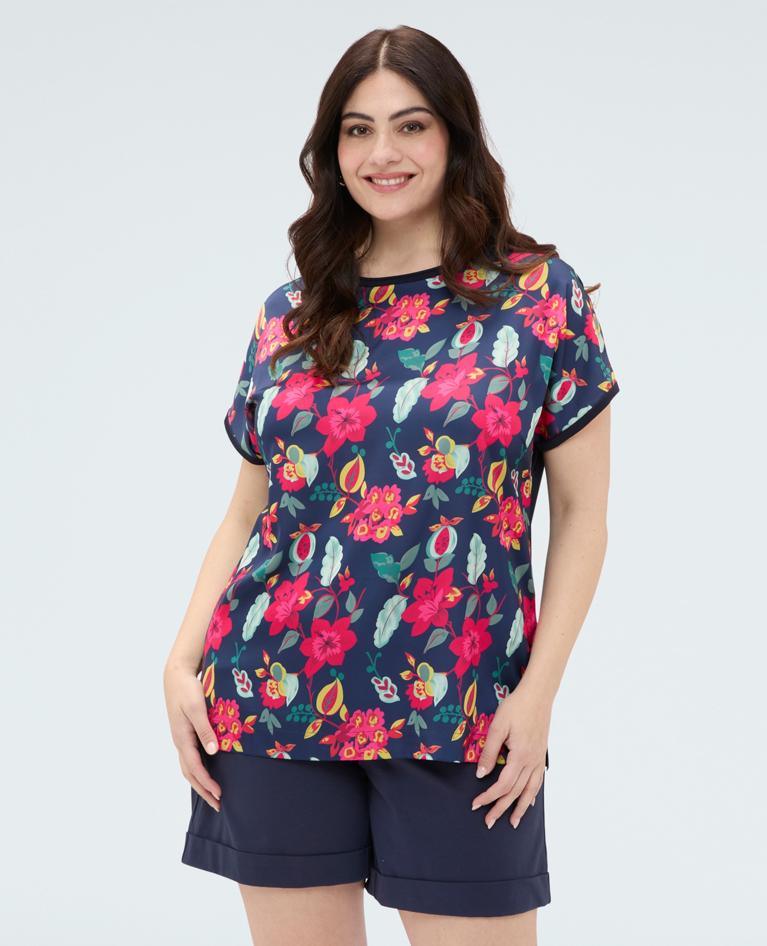 Jersey de mujer bimaterial con estampado floral diseño bimaterial que mezcla dos tejidos diferentes mangas cortas tipo kimono - Fiorella Rubino - Azul Azul-1