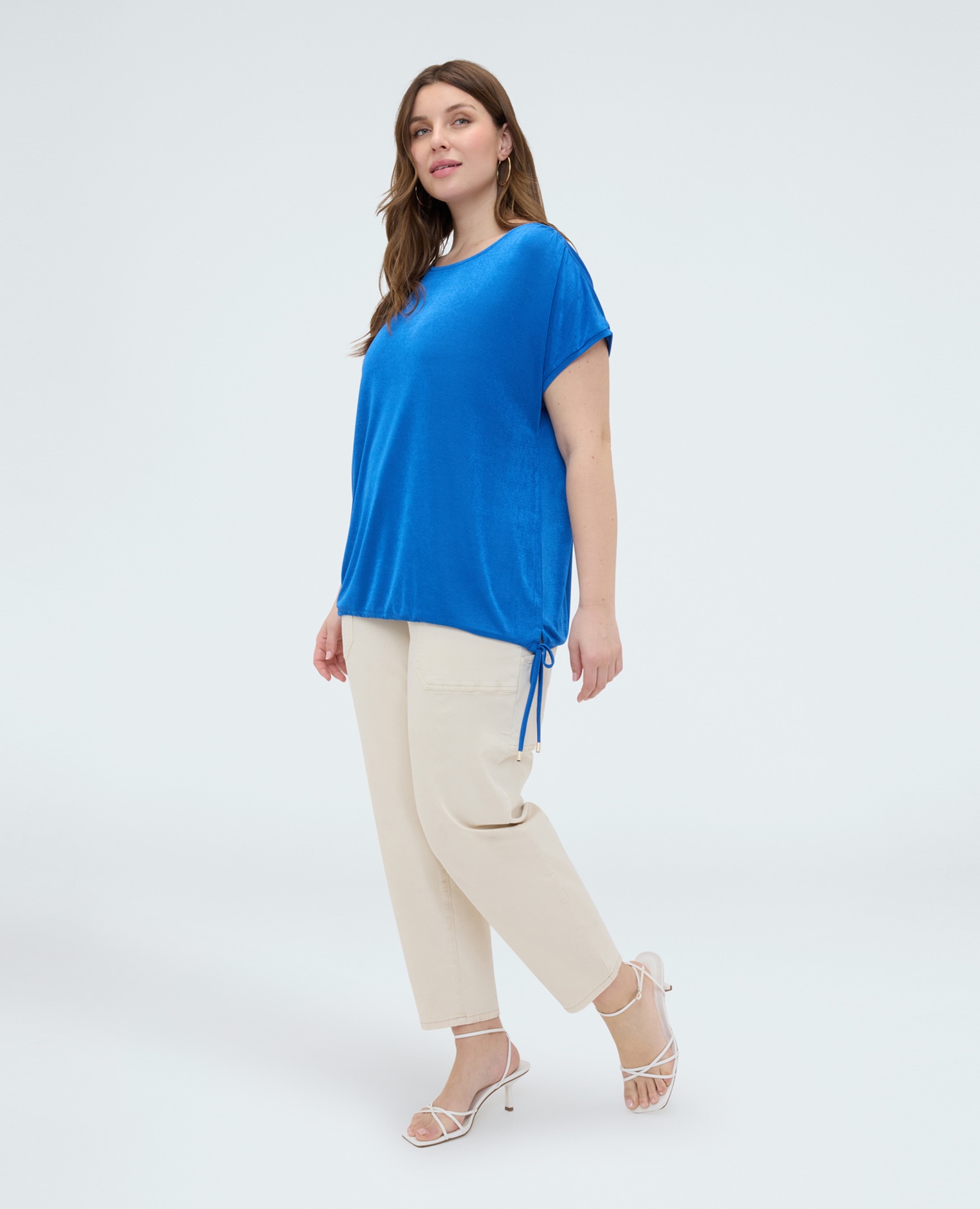 Camiseta de mujer de punto con cordón detalle con cordón ajustable en el bajo lateral - Fiorella Rubino - Azul Azul-3