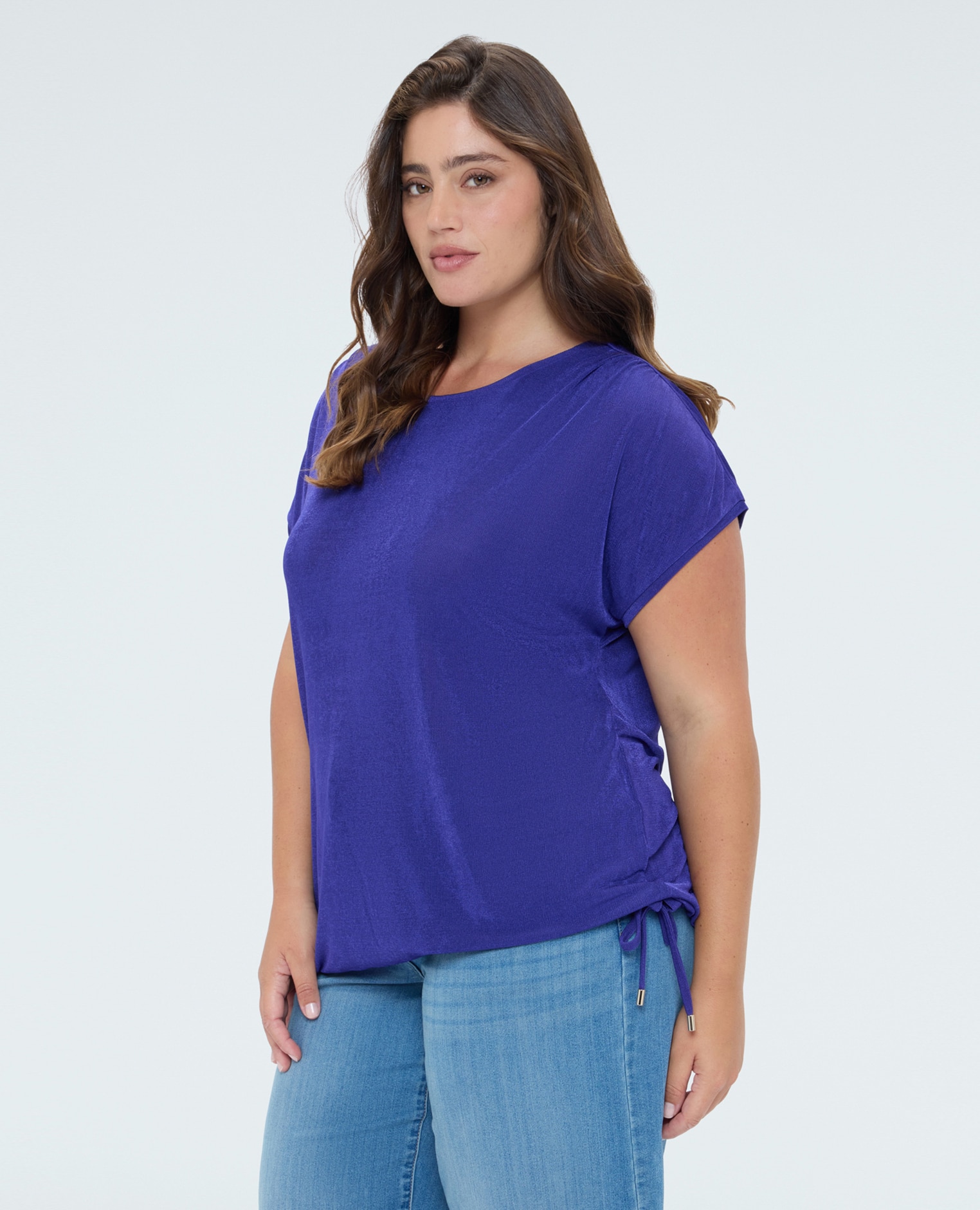 Camiseta de mujer de punto con cordón detalle con cordón ajustable en el bajo lateral - Fiorella Rubino - Morado Morado-1
