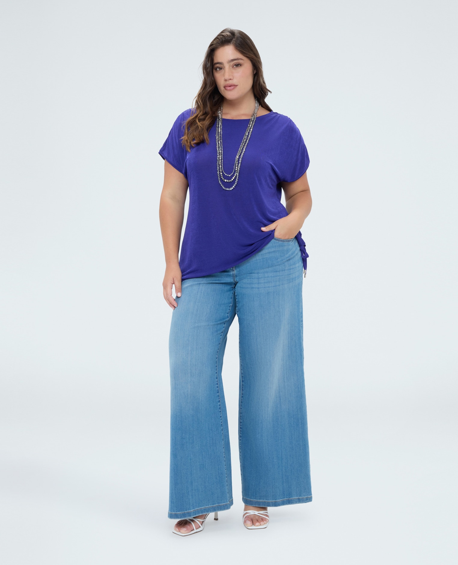 Camiseta de mujer de punto con cordón detalle con cordón ajustable en el bajo lateral - Fiorella Rubino - Morado Morado-3