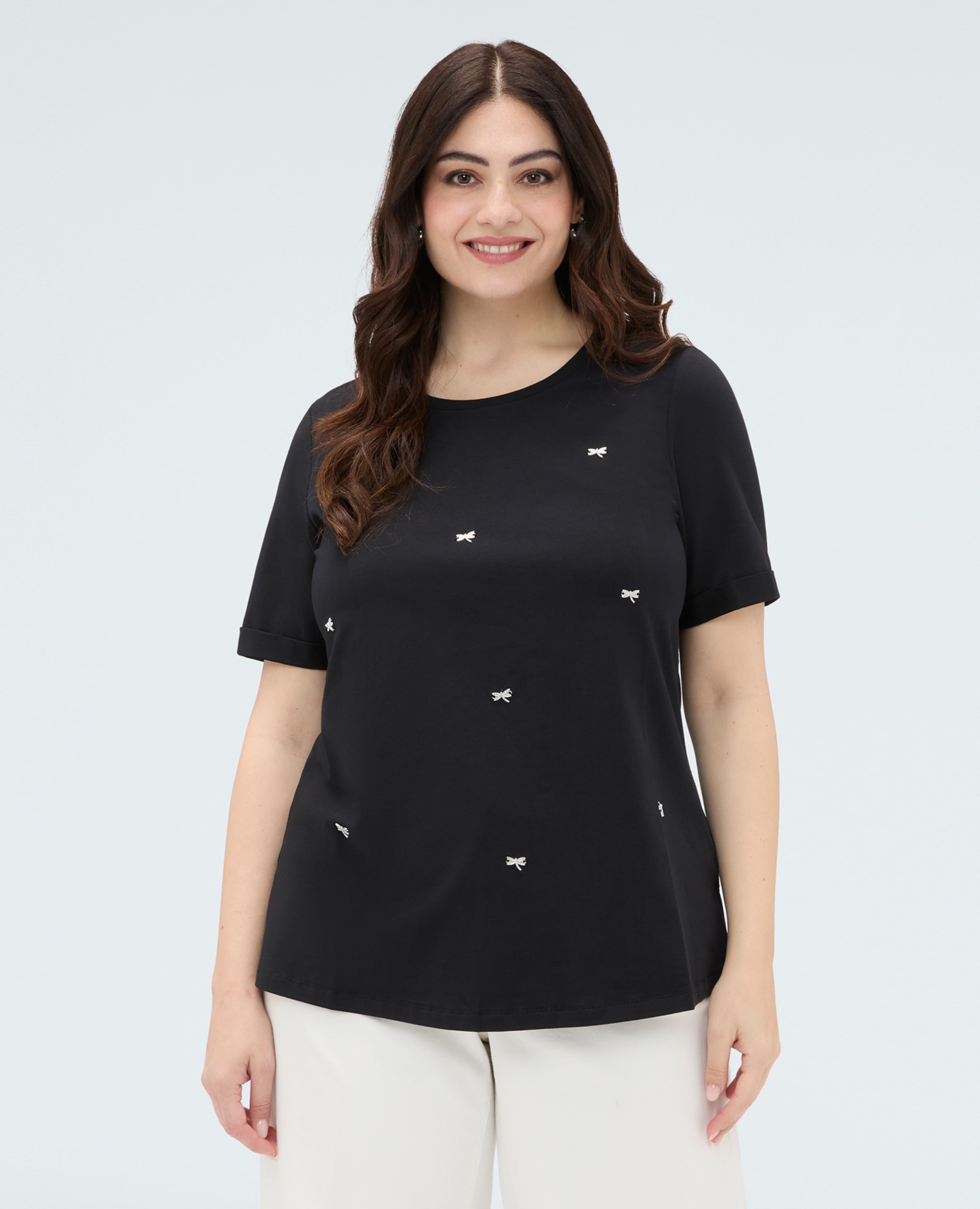 Camiseta de mujer de algodón con charm de libélula charms de libélula distribuidos en la parte delantera - Fiorella Rubino - Negro Negro-1