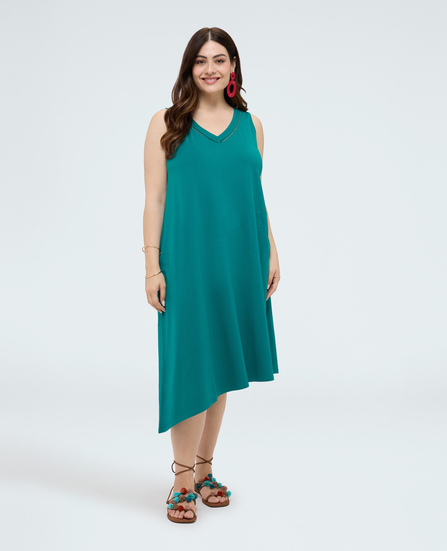 Vestido midi con escote en v e inserto calado escote en v con detalle calado - Fiorella Rubino - Verde Verde-3