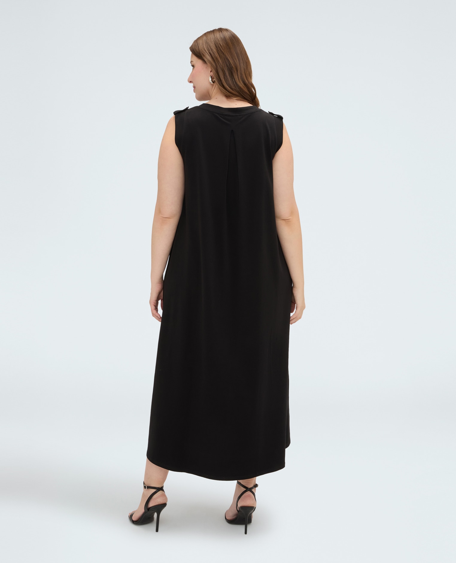 Vestido largo con escote en v hombros con aplicaciones de botón decorativo - Fiorella Rubino - Negro Negro-2