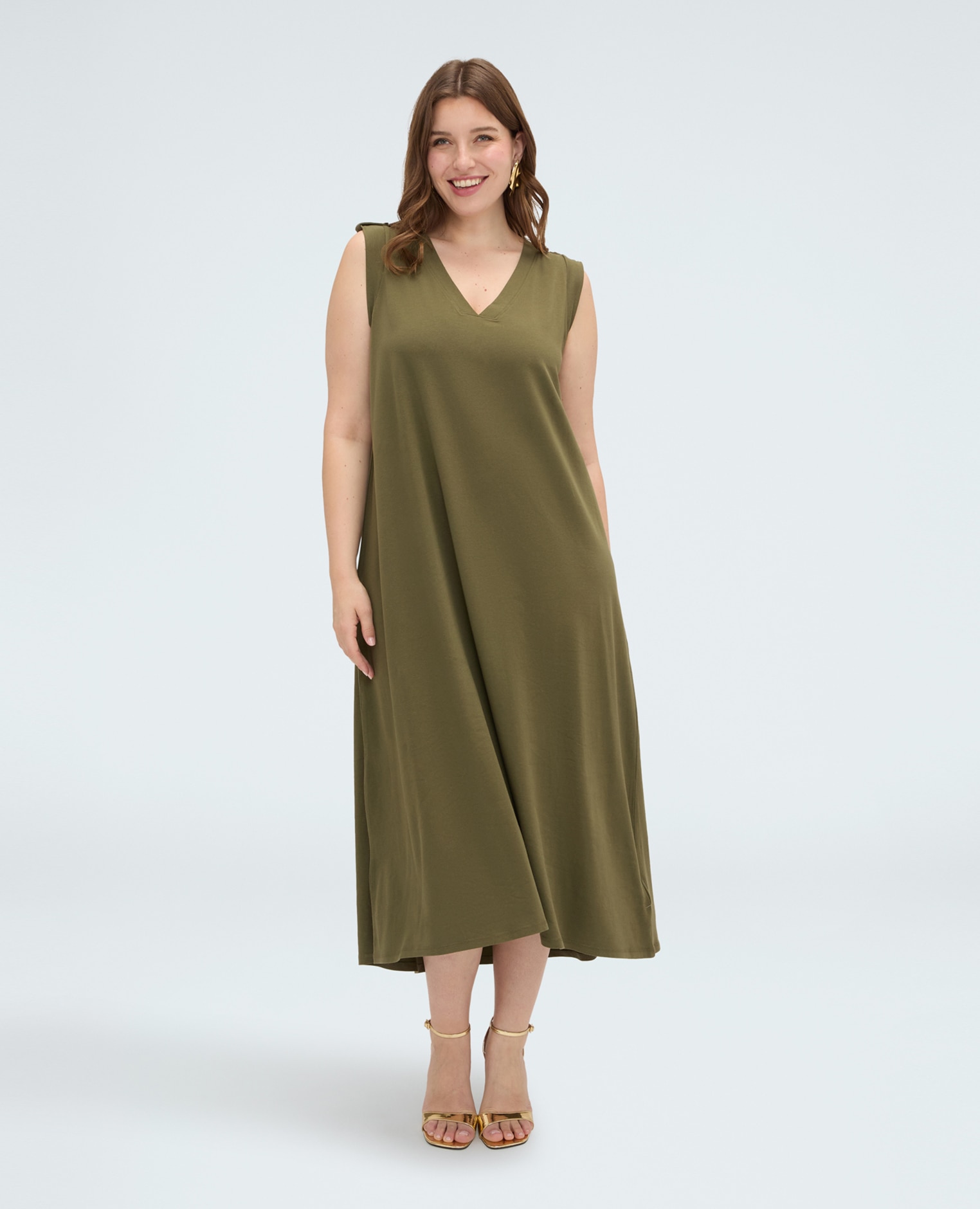 Vestido largo con escote en v hombros con aplicaciones de botón decorativo - Fiorella Rubino - Verde Verde-1