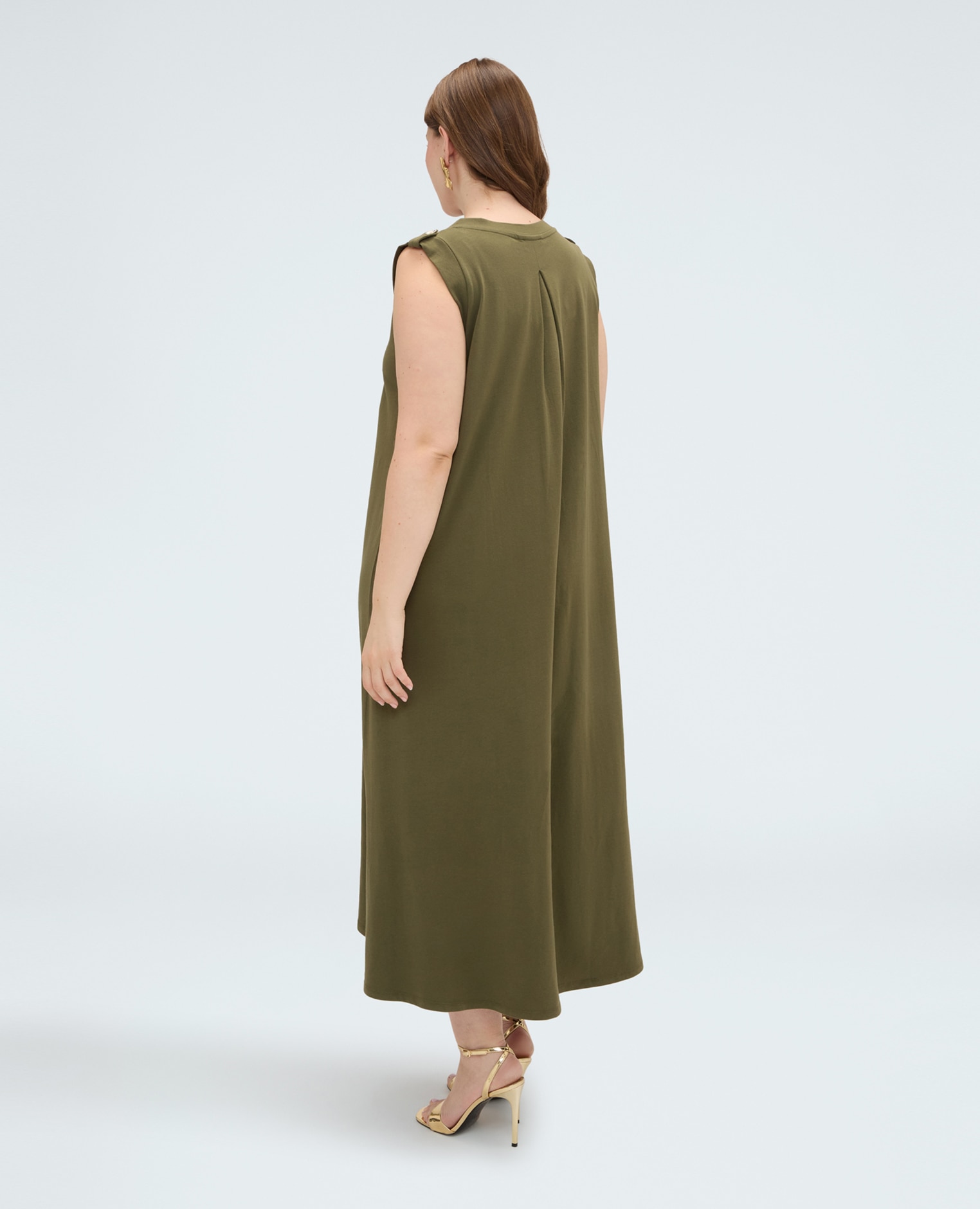 Vestido largo con escote en v hombros con aplicaciones de botón decorativo - Fiorella Rubino - Verde Verde-2