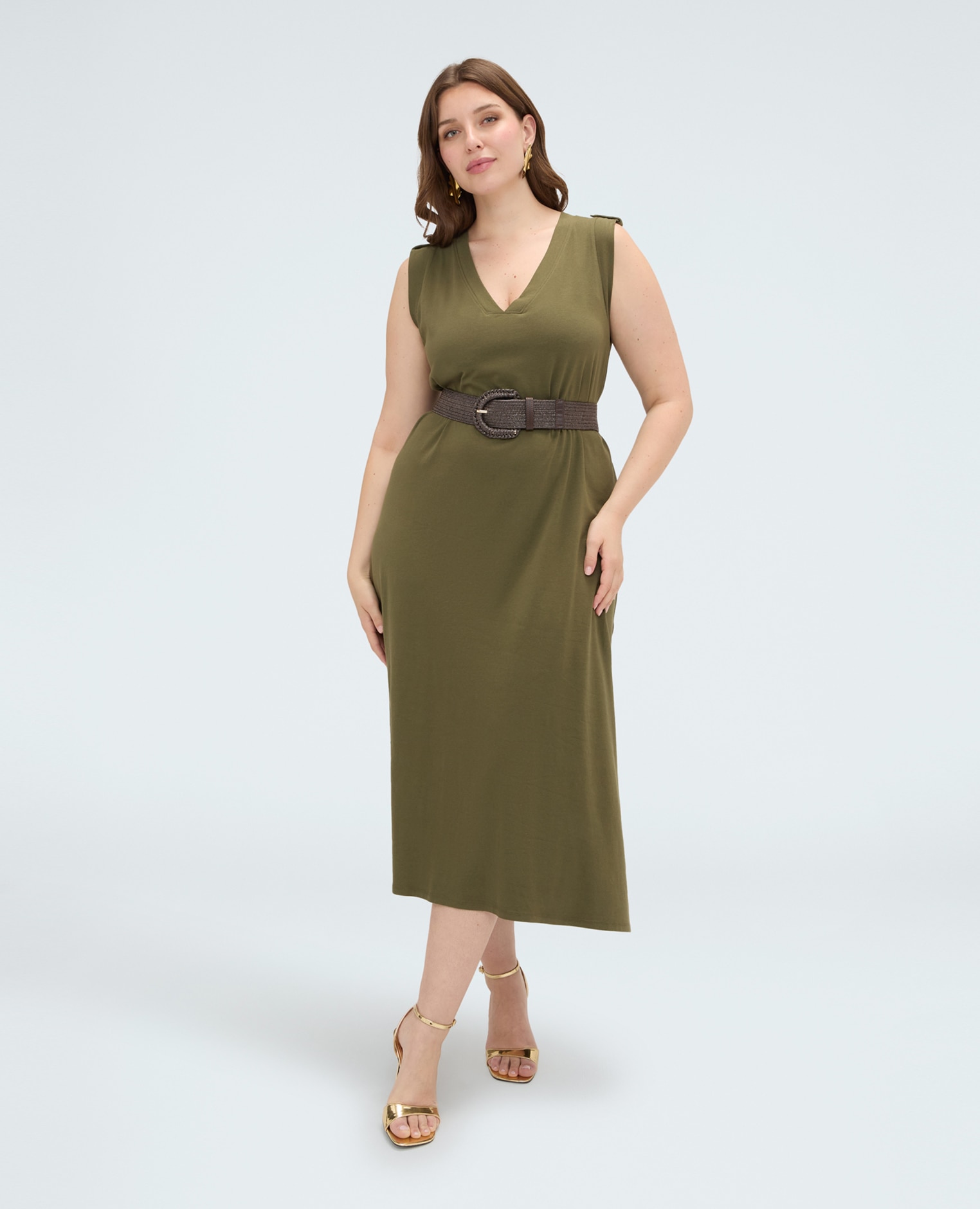 Vestido largo con escote en v hombros con aplicaciones de botón decorativo - Fiorella Rubino - Verde Verde-3