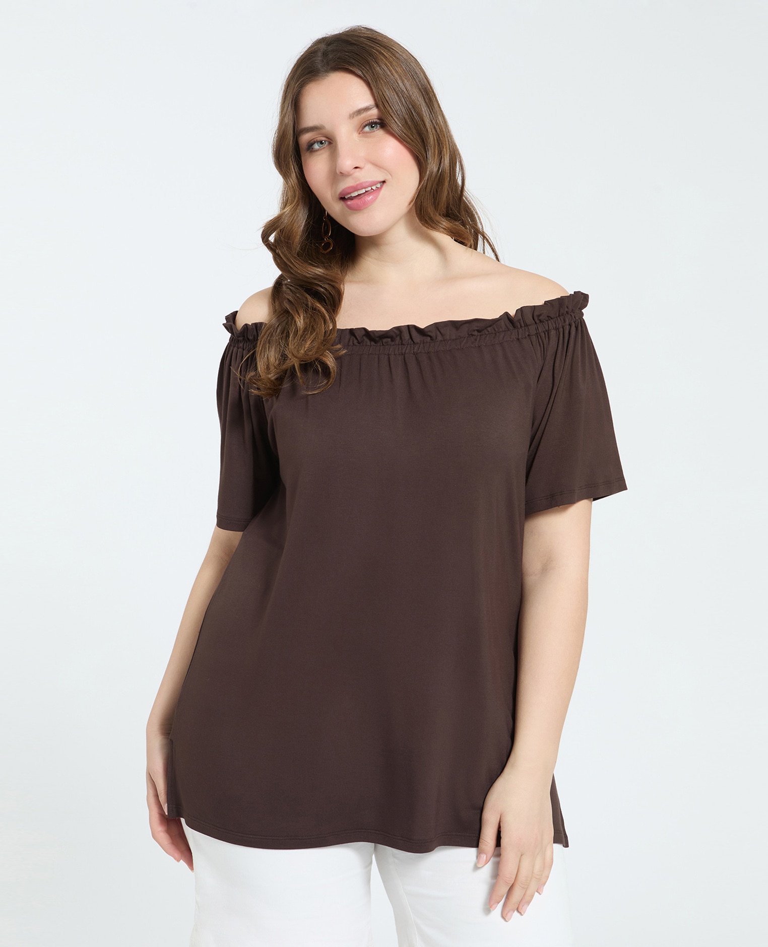 Camiseta de mujer off shoulders en jersey de viscosa ajuste y diseño para el máximo confort - Fiorella Rubino - Marrón Marrón-1