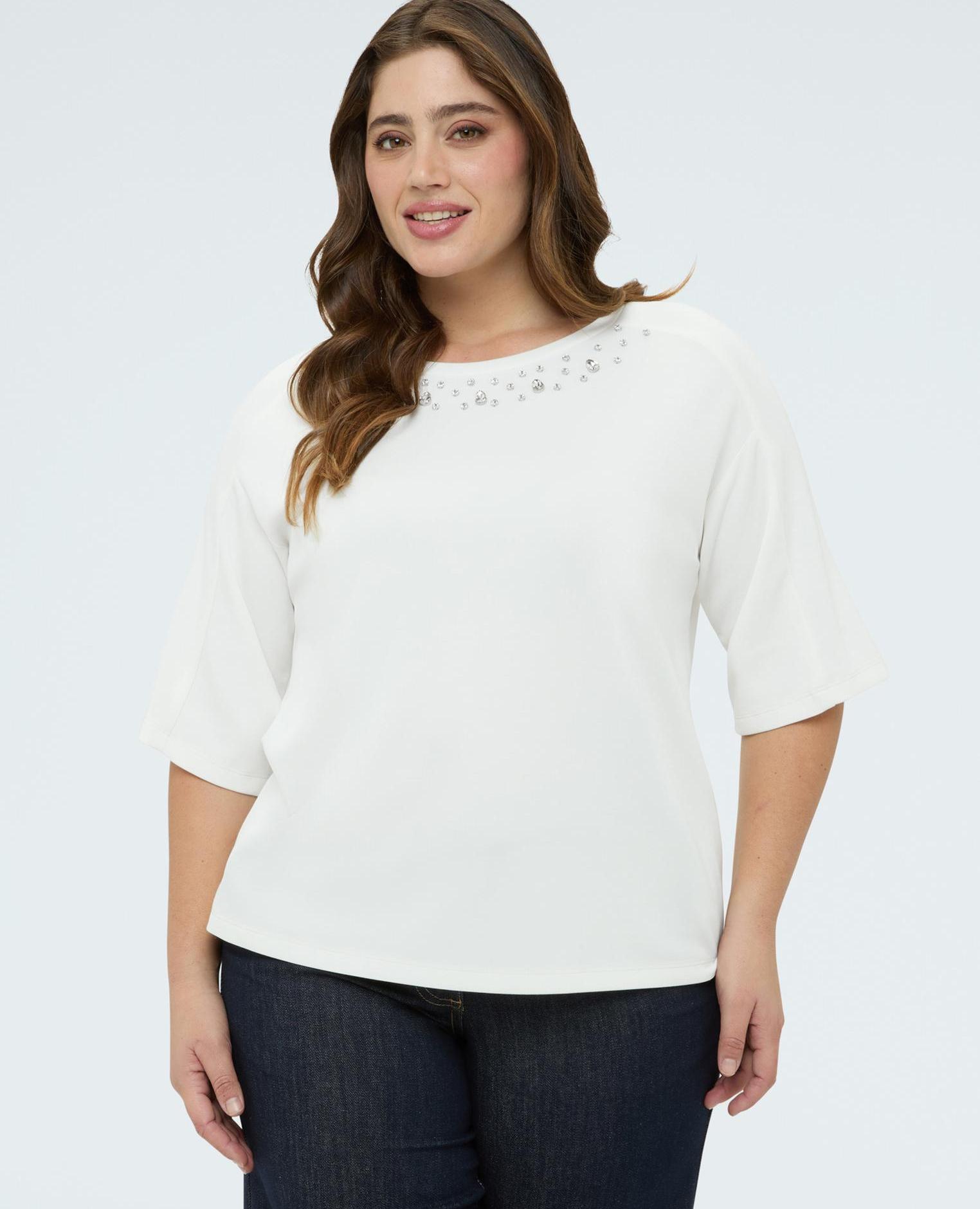 Fiorella Rubino - Sudadera de mujer con aplicaciones en el cuello aplicaciones luminosas en el escote.