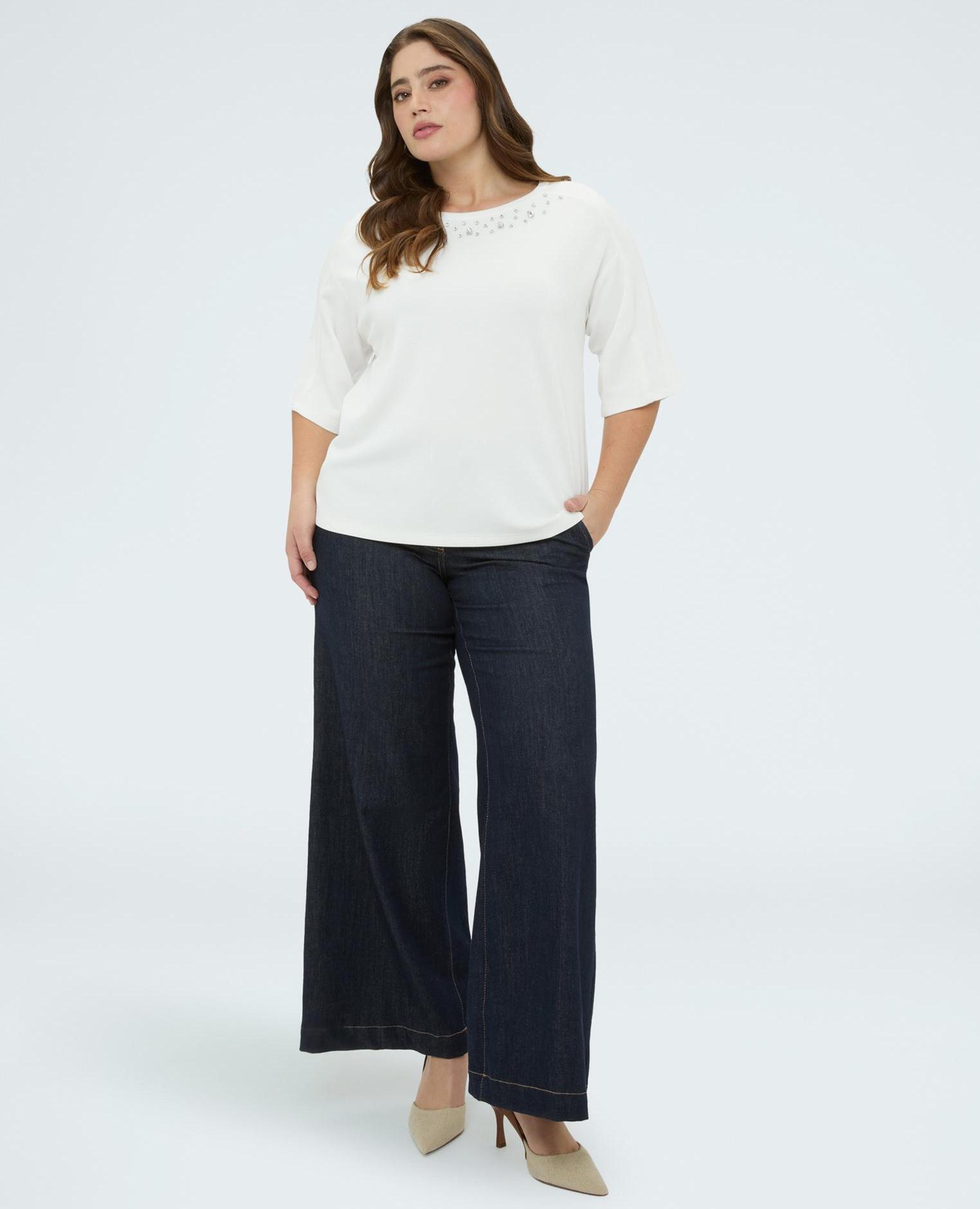 Sudadera de mujer con aplicaciones en el cuello aplicaciones luminosas en el escote - Fiorella Rubino - Blanco Blanco-3